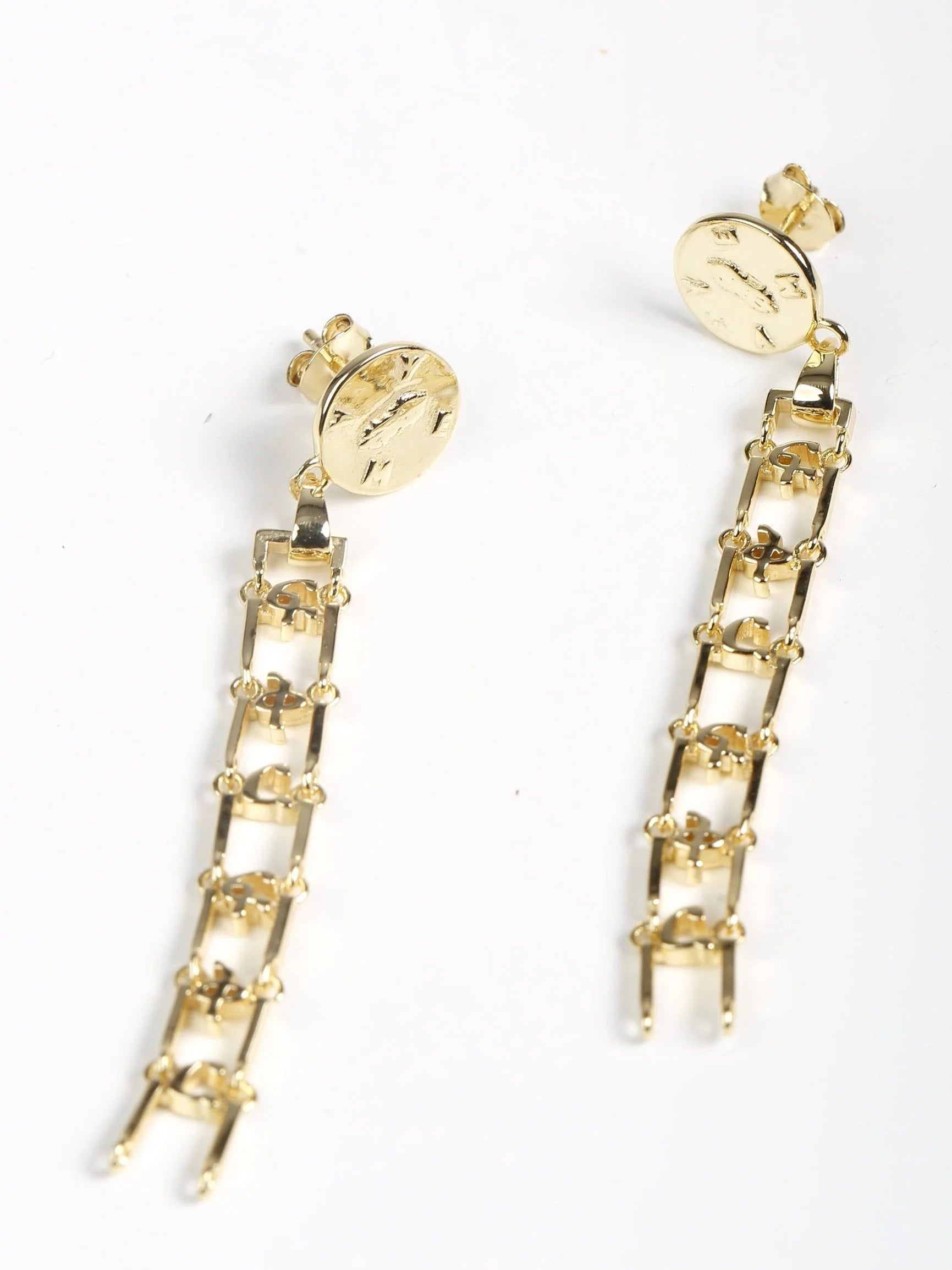 Hawi Yema AND drop earrings in 14k gold-plated sterling silver featuring carved fikir (love) motif with 2-inch elegant drop