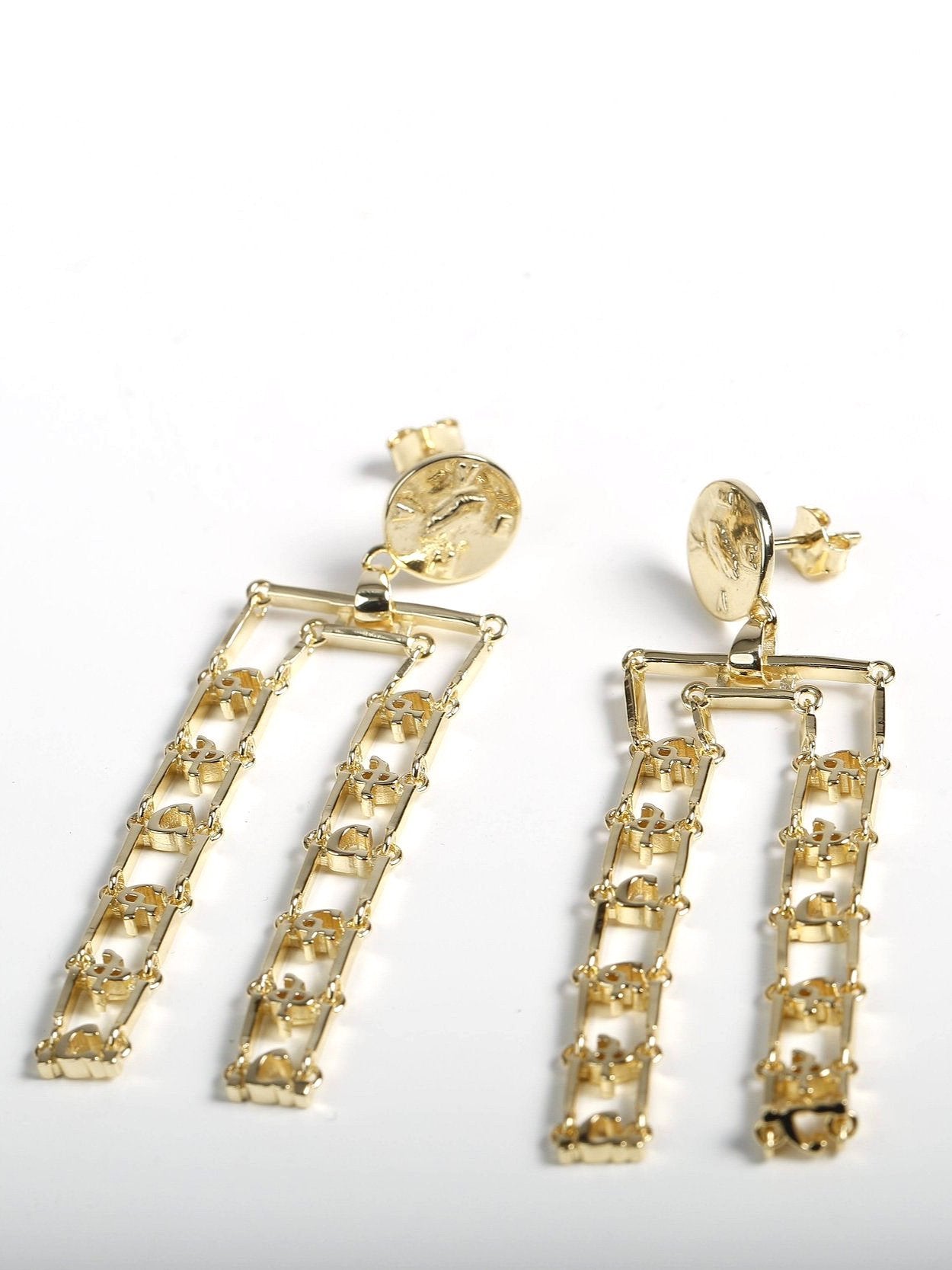 Hawi Yema Hulet double drop earrings in 14k gold-plated sterling silver featuring carved fikir (love) motif with layered 2-inch drops
