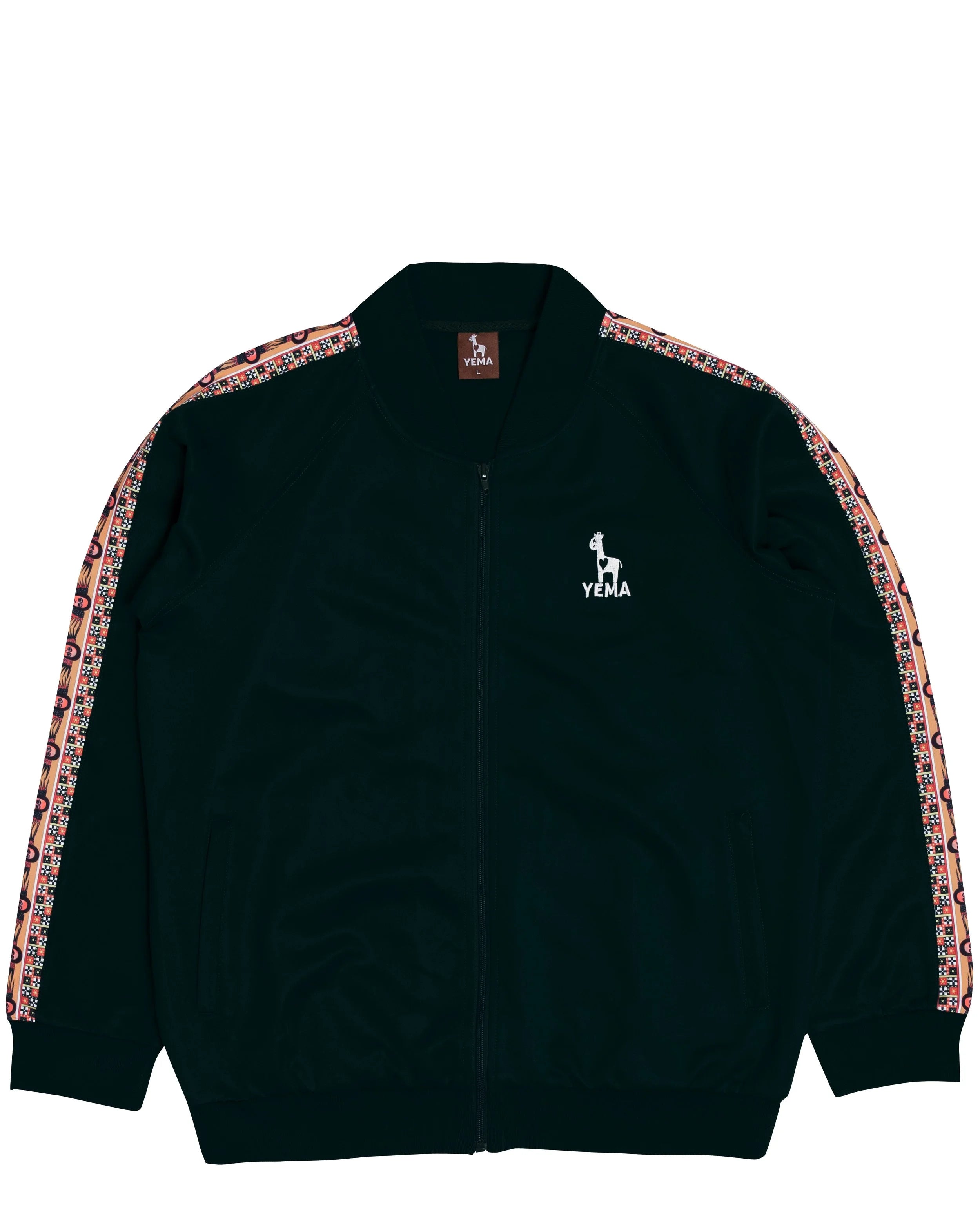 YEMA Classic full zip track jacket in Addis Black with 17th century Abyssinian angels motif