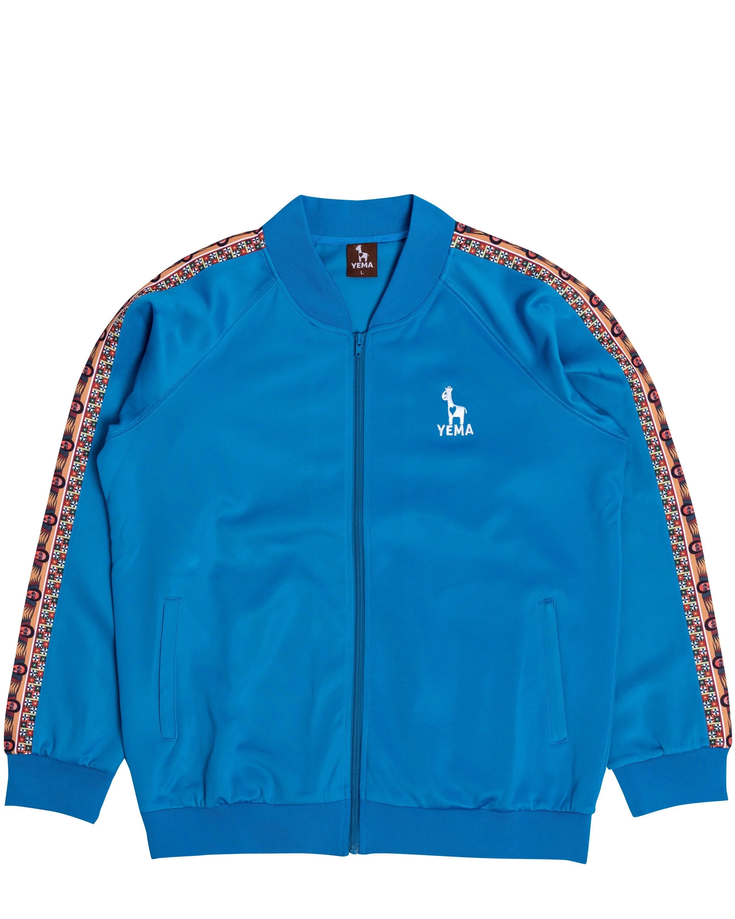 Front view of YEMA track jacket showing full zip and skating giraffe logo with Abyssinian angel pattern