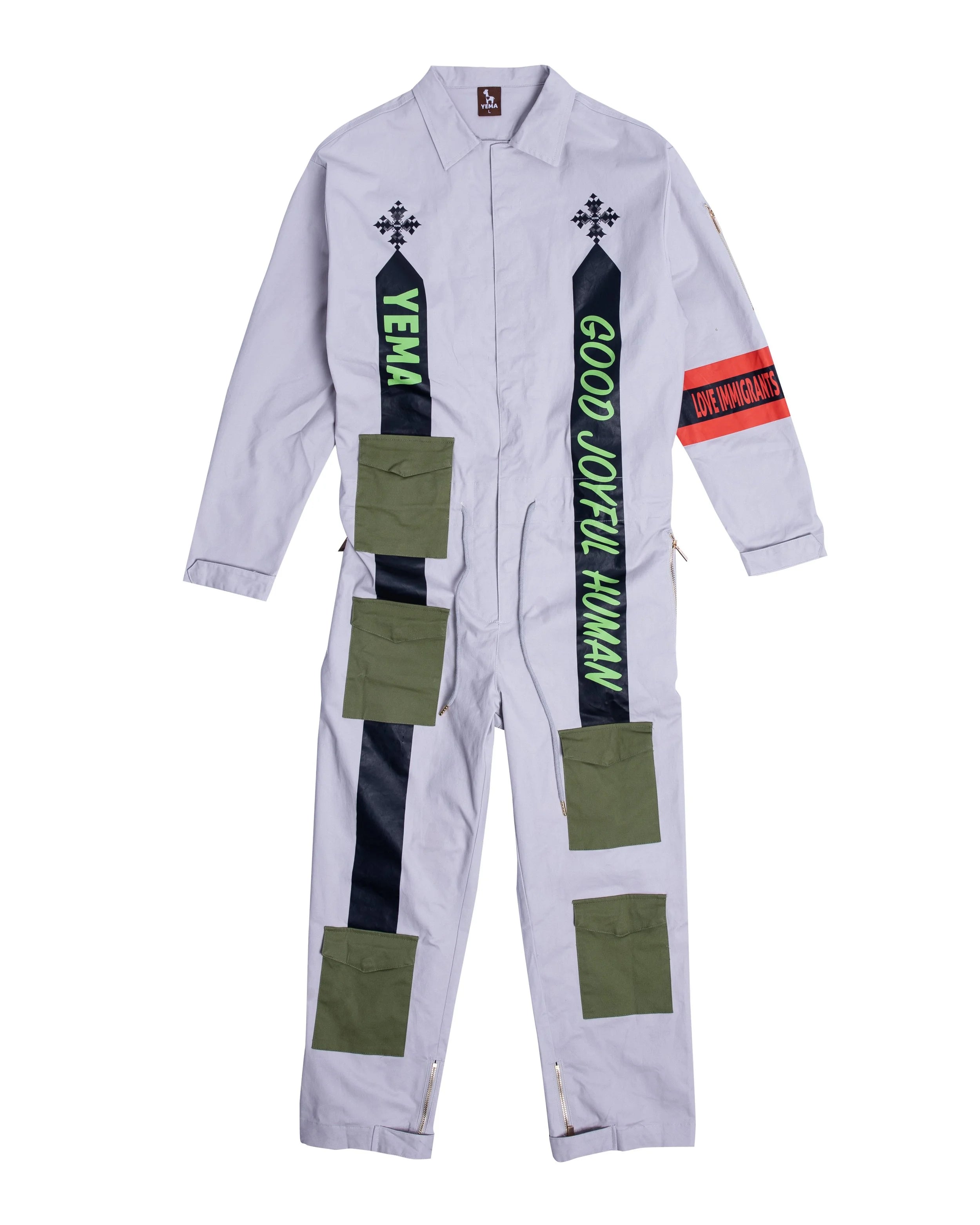 "YEMA GJH jumpsuit in clay with gold accent buttons and custom engraved zippers