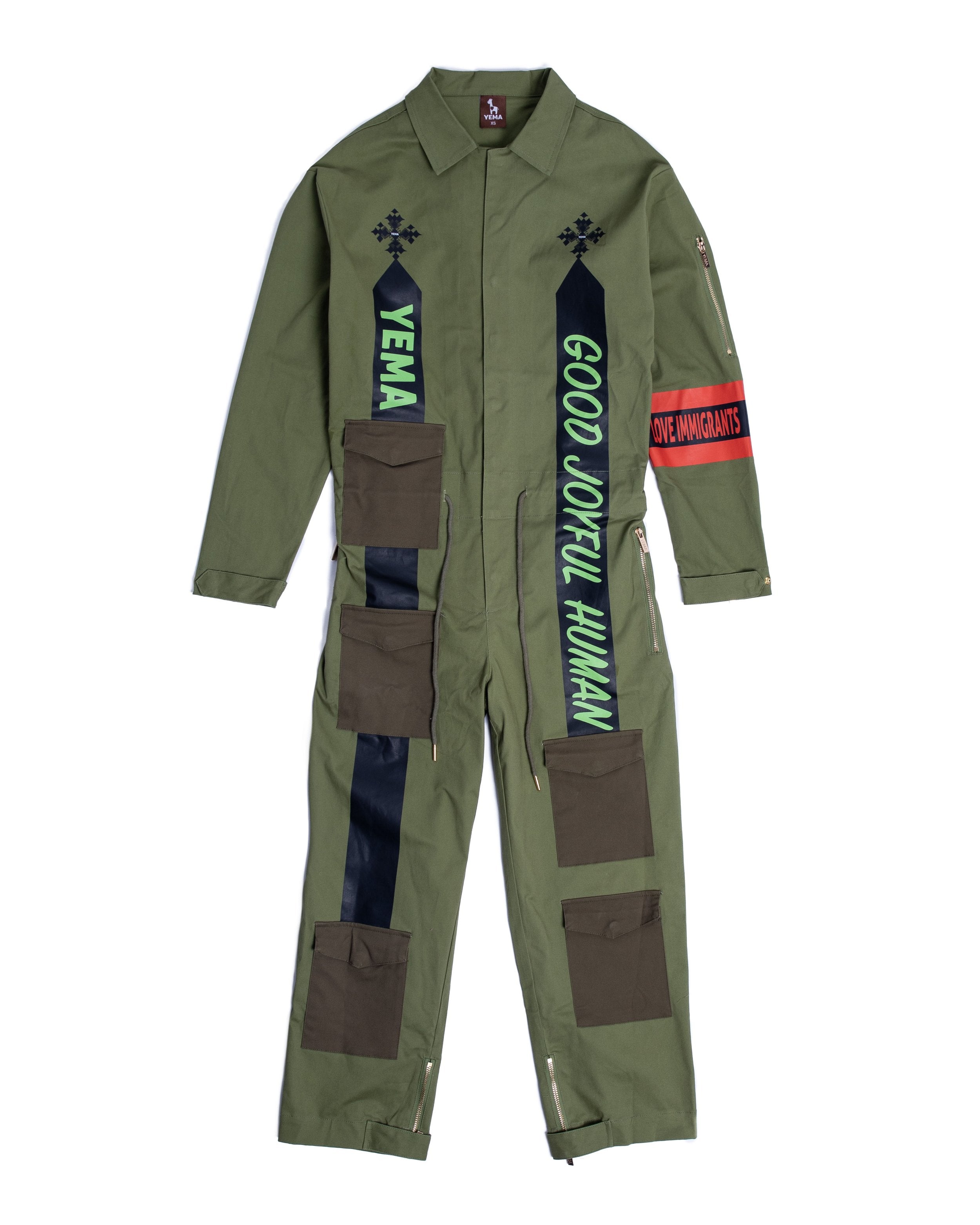 YEMA GJH jumpsuit in olive with gold accent buttons and custom engraved zippers