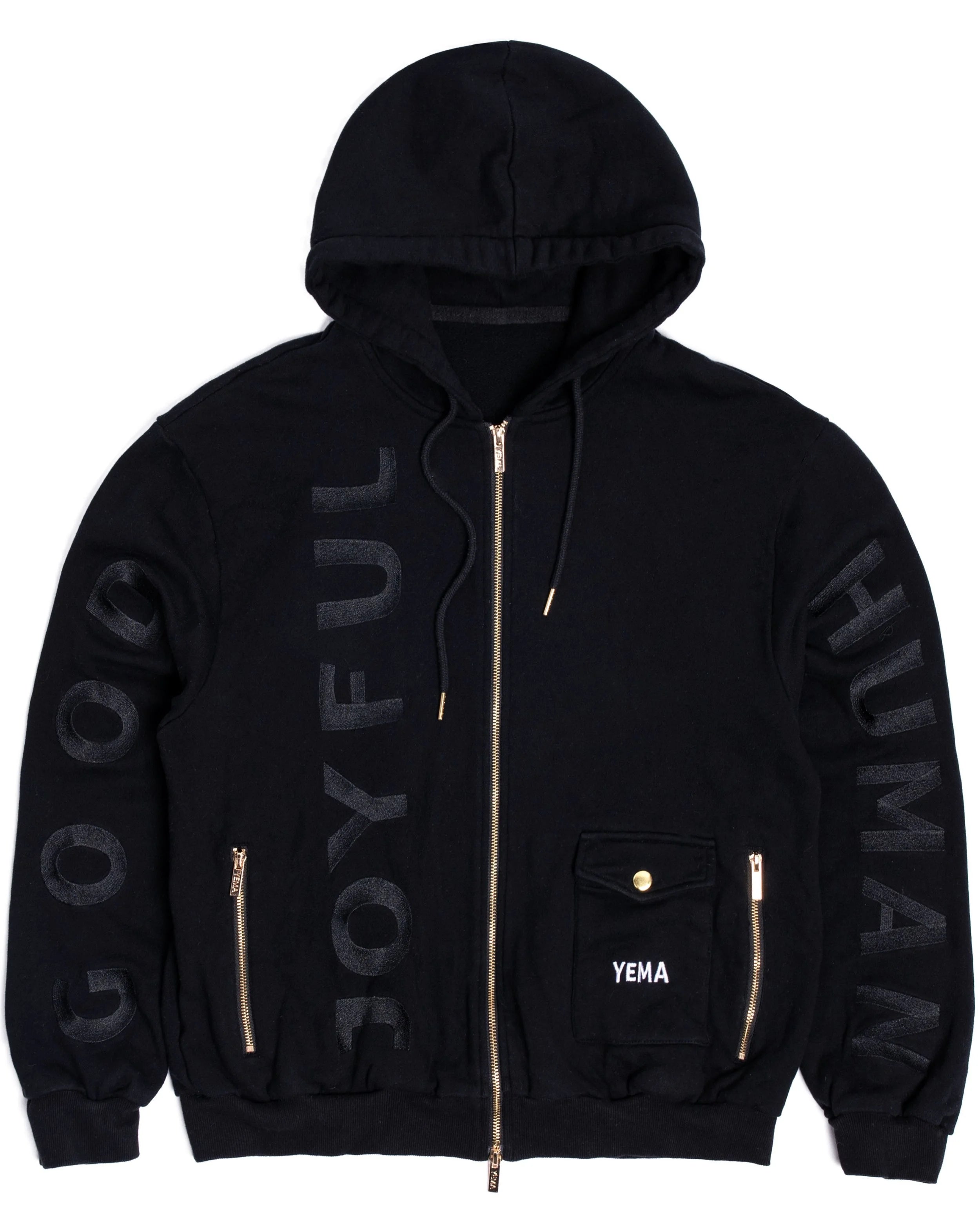 Front view of Addis Black zip hoodie showing full frontal gold zipper and tone-on-tone embroidery