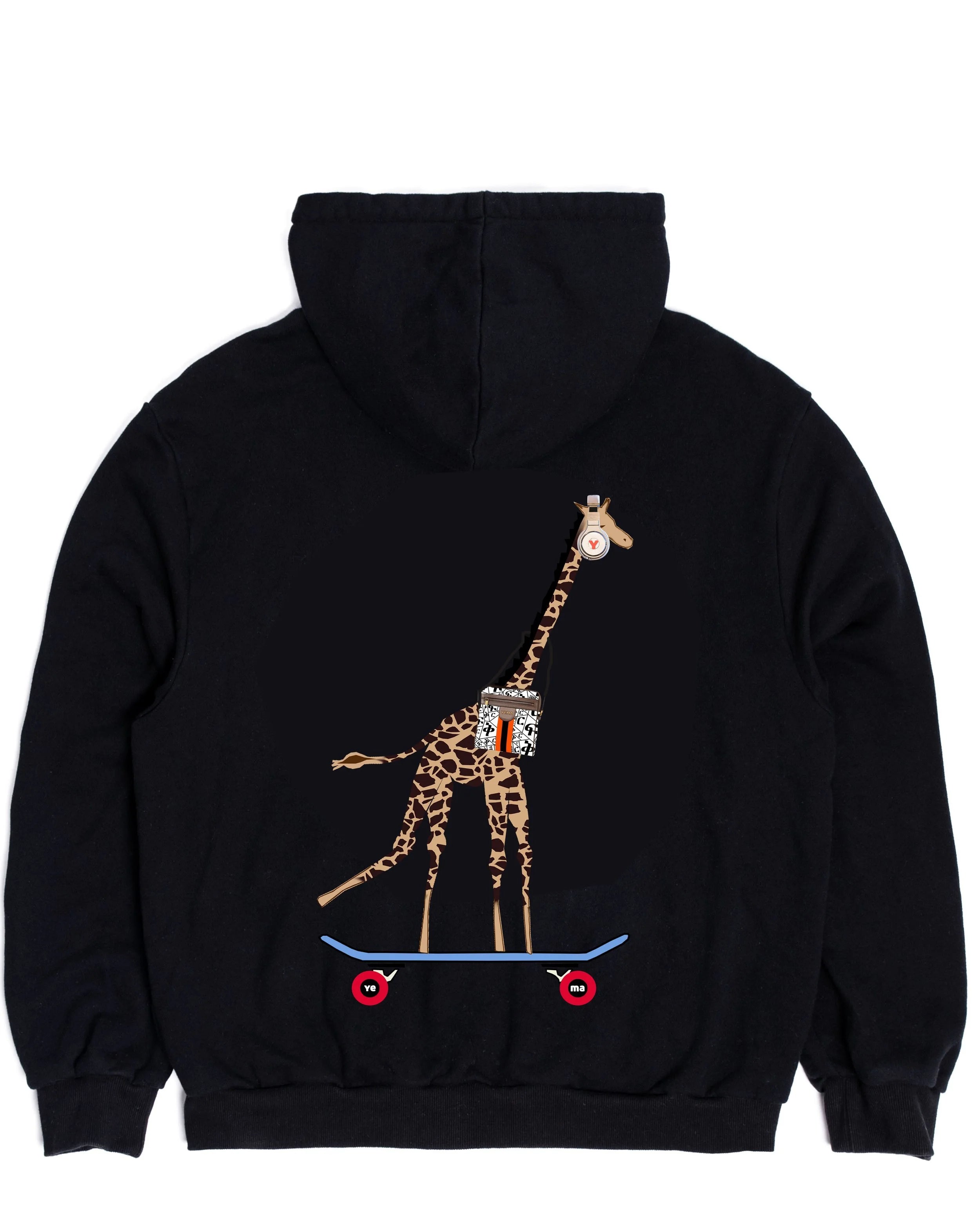 Back view of premium zip hoodie with skating giraffe graphic and gold accent details