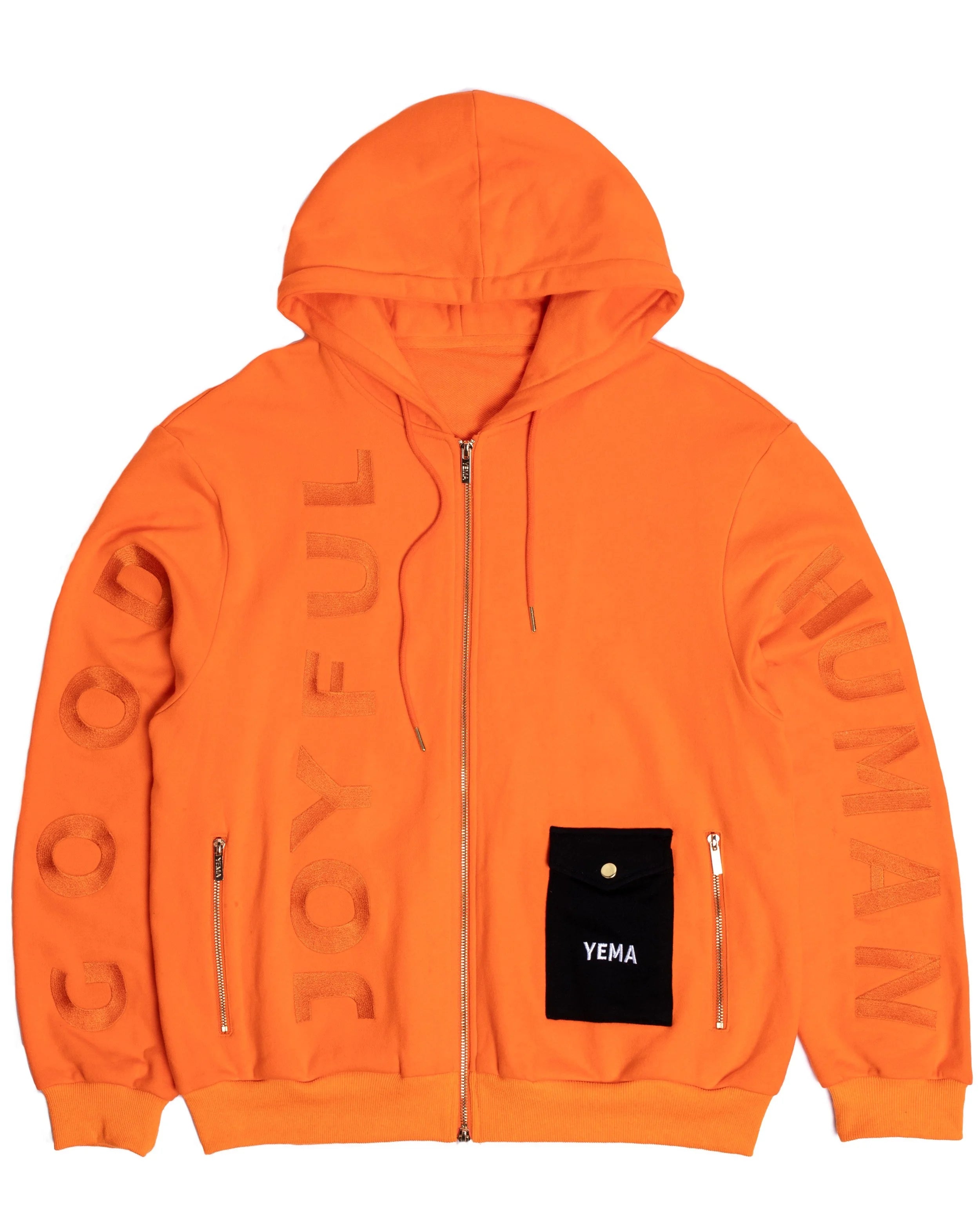 Front view of Maasai Mara zip hoodie showing full frontal gold zipper and tone-on-tone embroidery