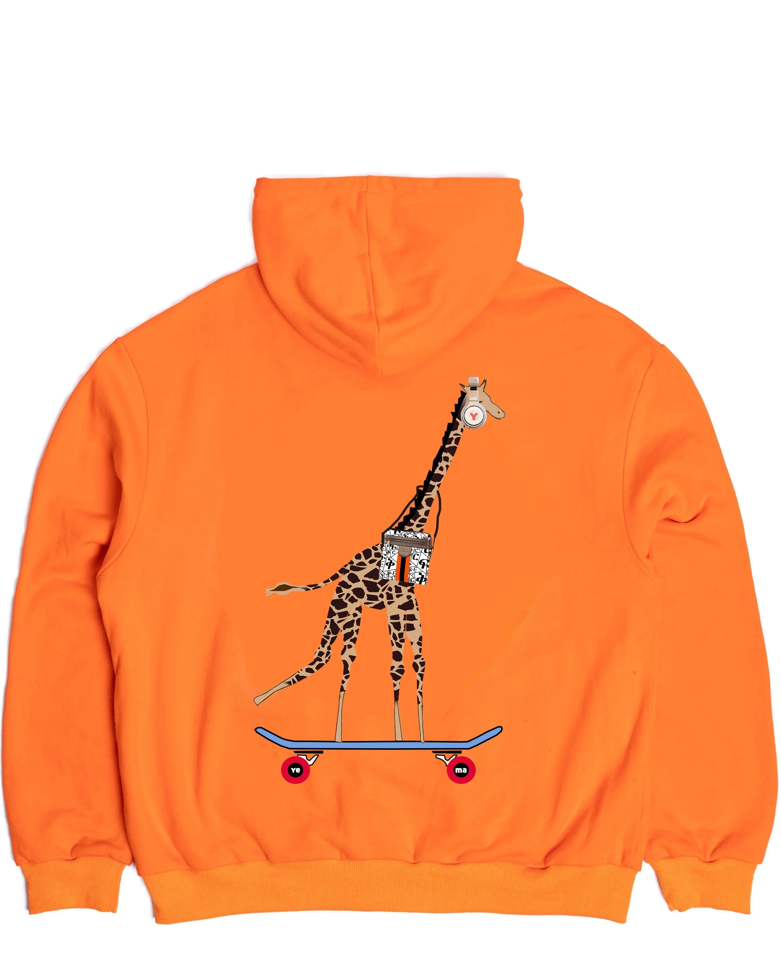 Back view of premium zip hoodie in warm rust/orange Maasai Mara colorway with skating giraffe