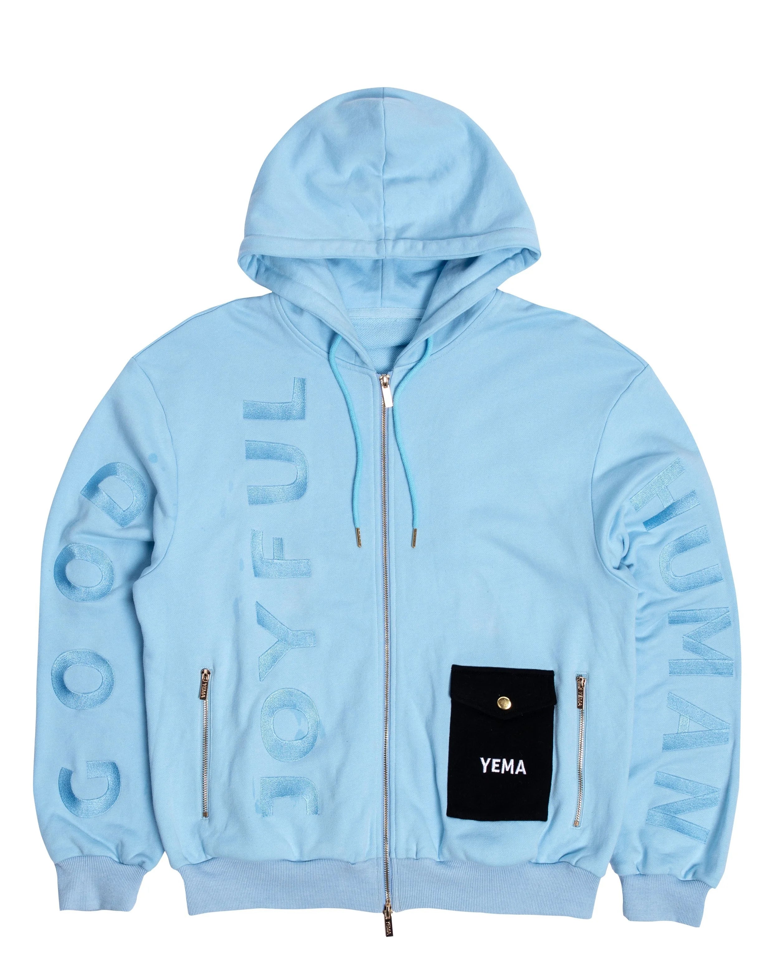 Front view of Nairobi Sky zip hoodie showing full frontal gold zipper and tone-on-tone embroidery in blue