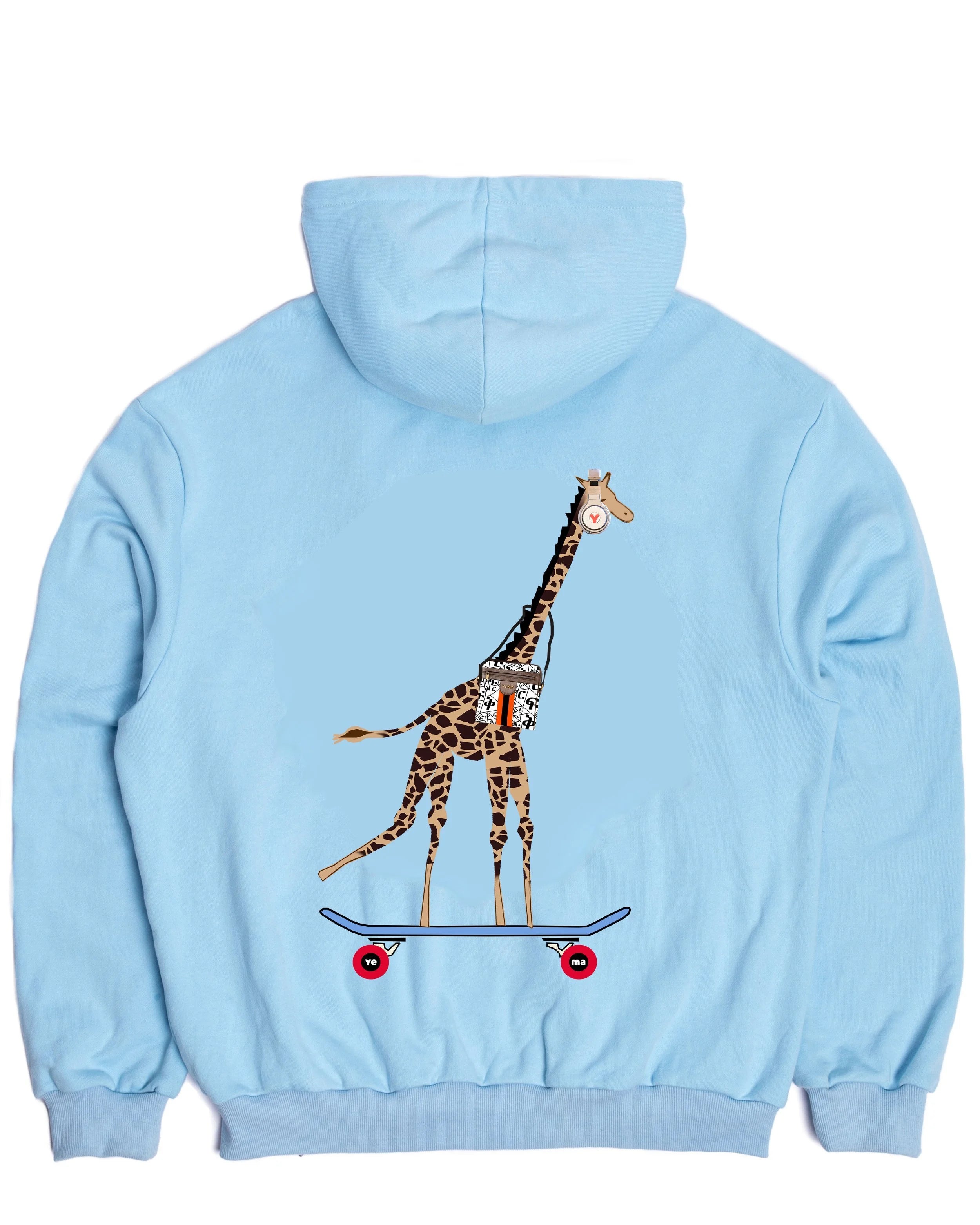 Back view of premium zip hoodie in bright blue Nairobi Sky colorway with skating giraffe graphic