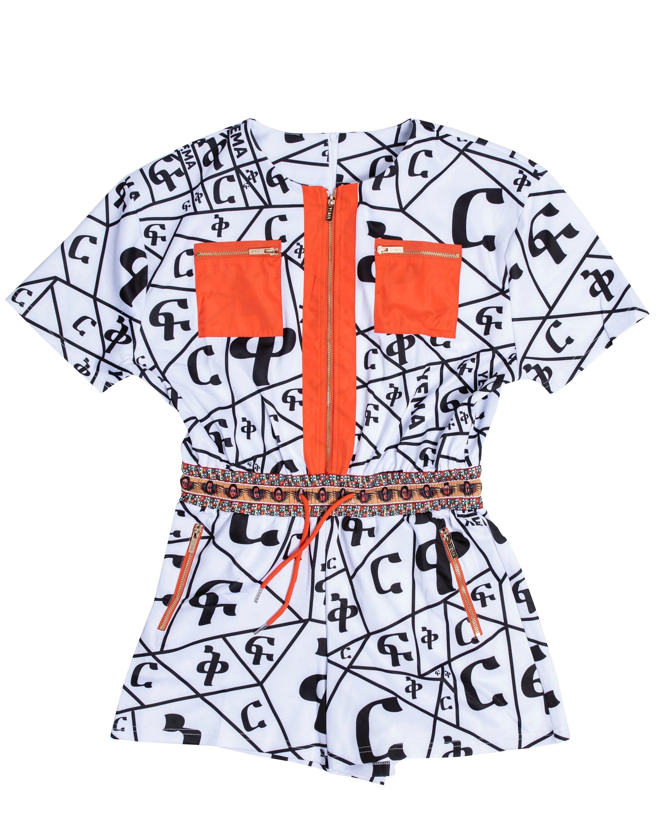 Front view of heritage romper showing high fashion style with street swagger and zipper pockets