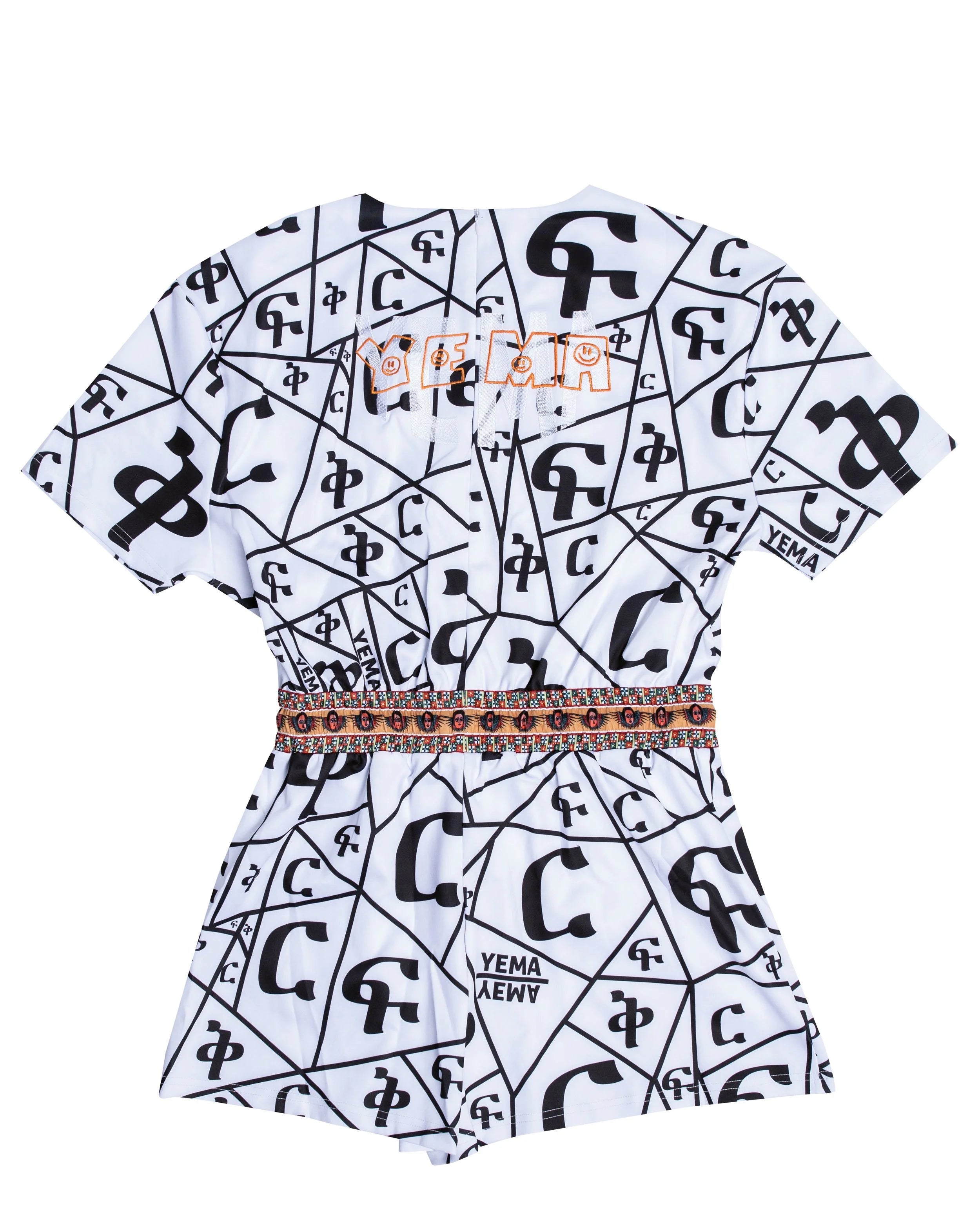 Back view of love romper displaying YEMA on YEMA smiling double embroidery