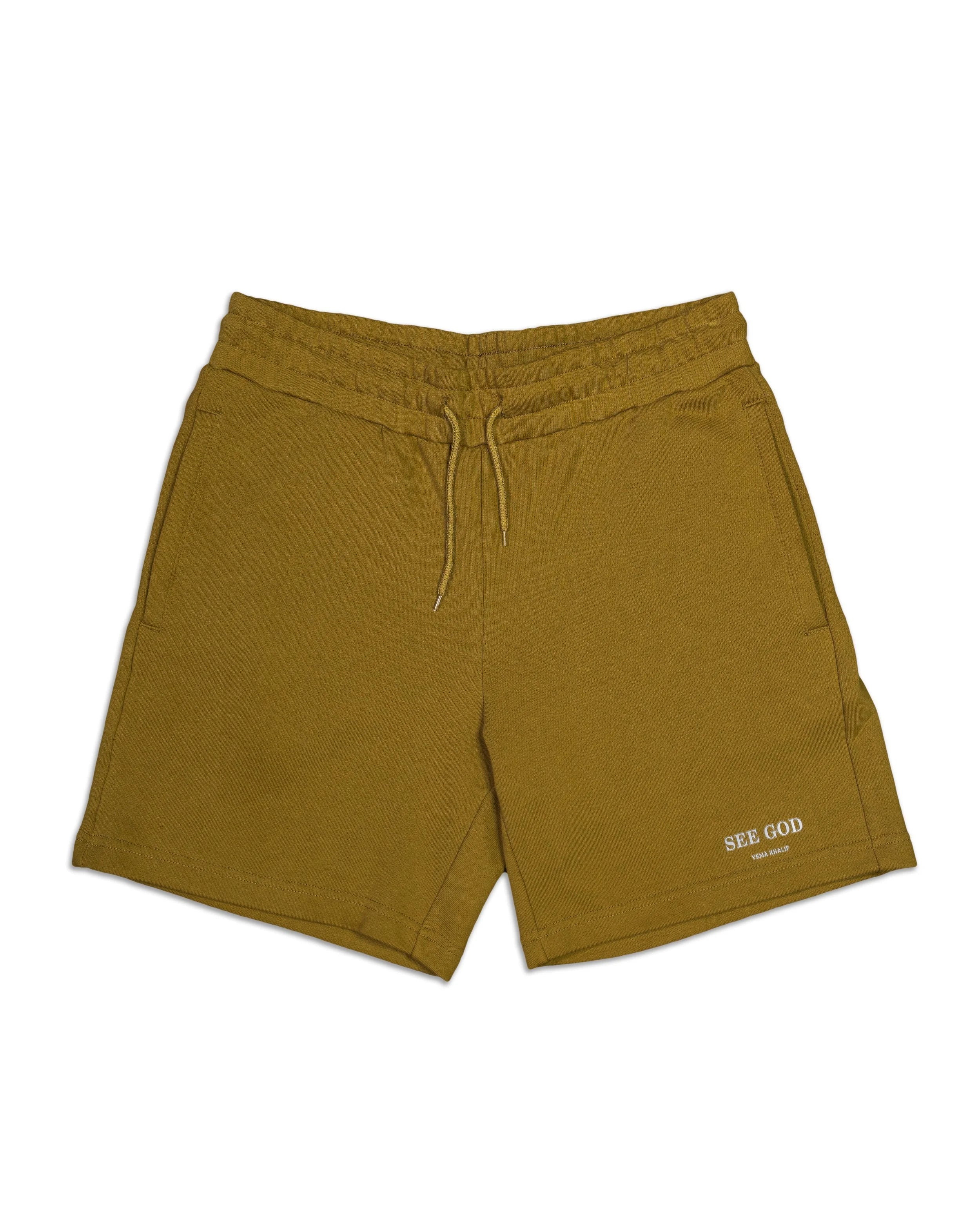SEE GOD shorts in army olive green featuring signature logo and 100% cotton construction