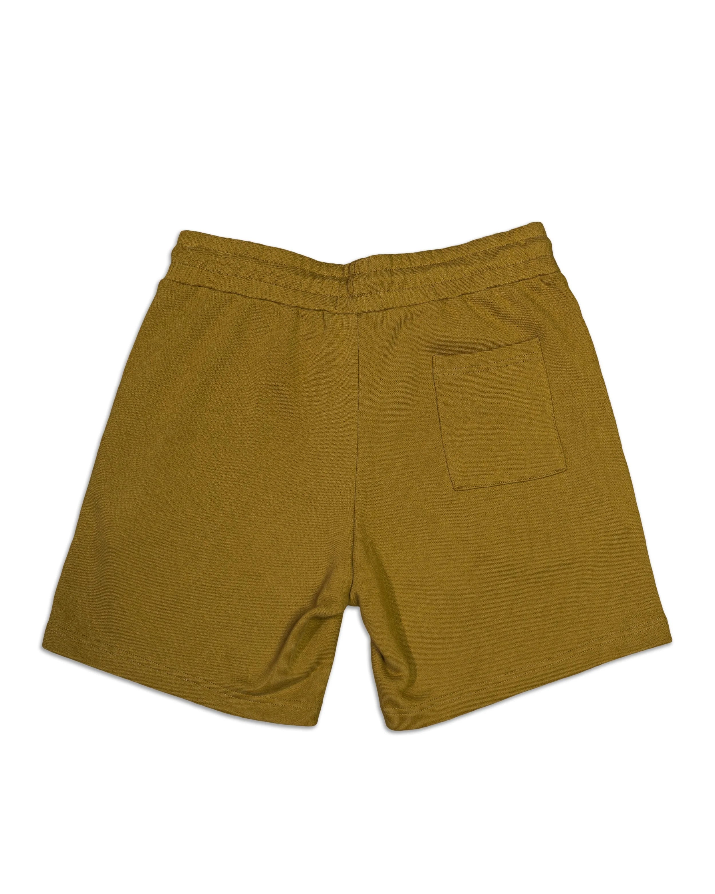 Back view of army green SEE GOD shorts showing YEMA KHALIF everyday wear design