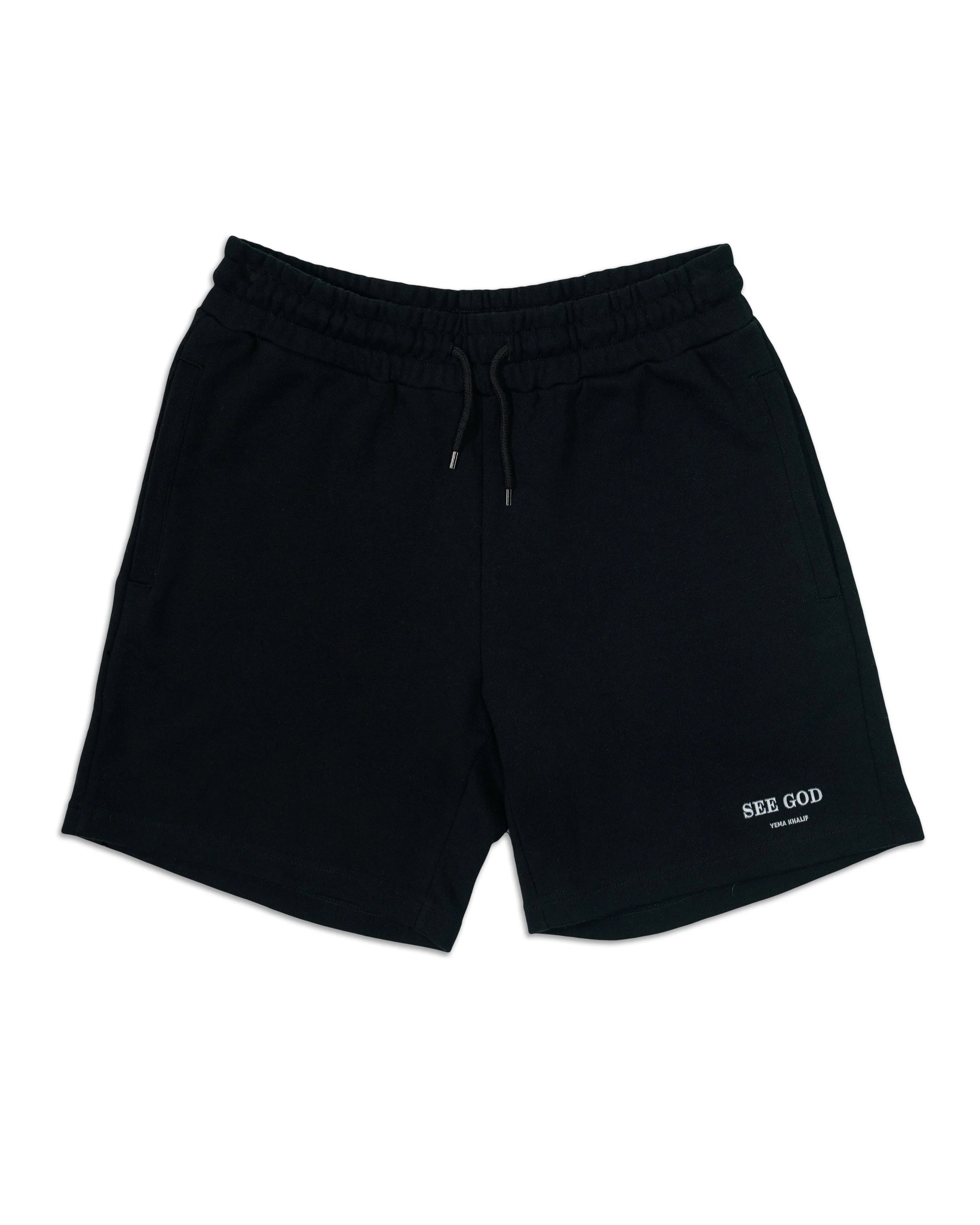 SEE GOD shorts in black featuring signature logo and 100% cotton construction