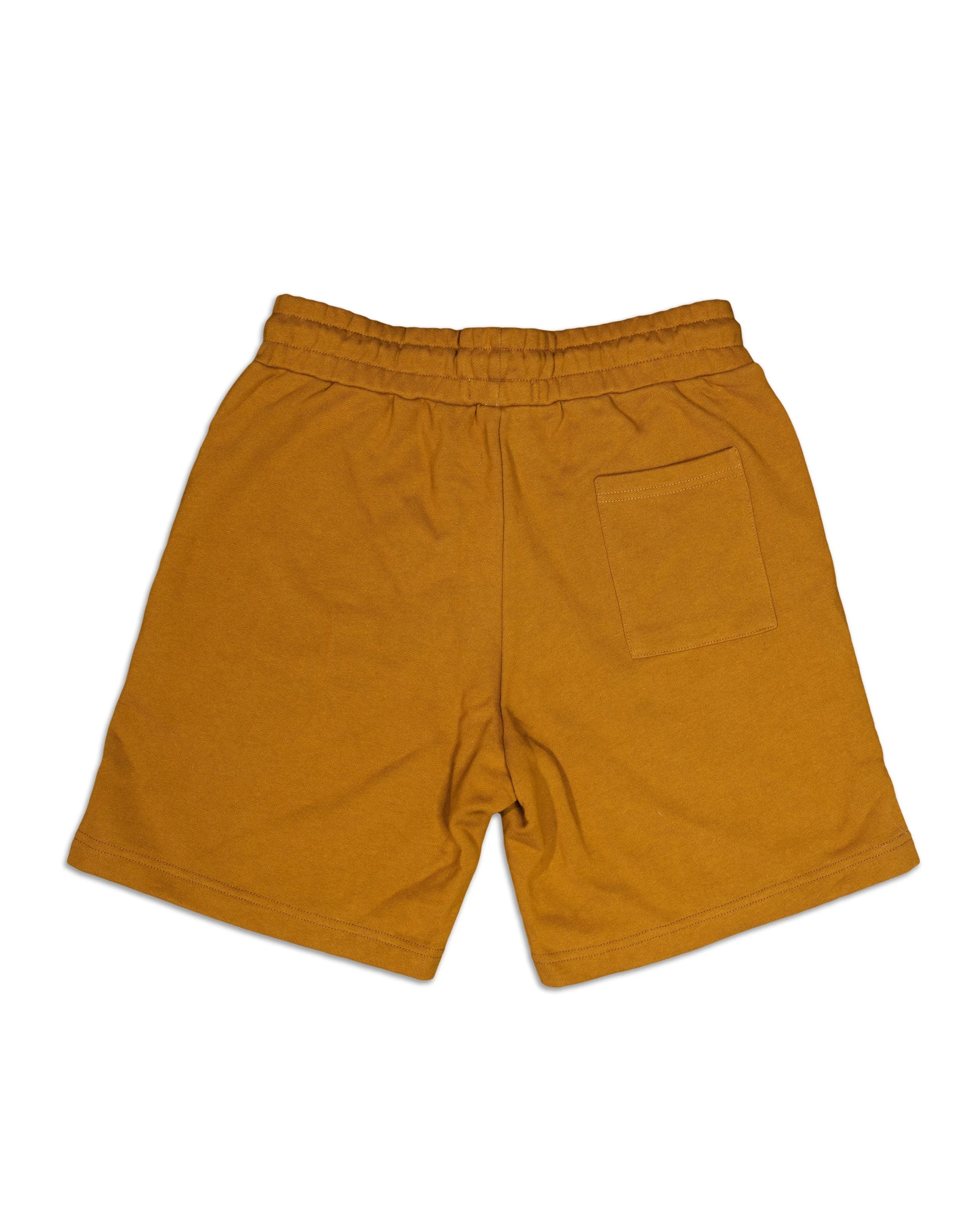 Back view of caramel SEE GOD shorts showing YEMA KHALIF everyday wear design