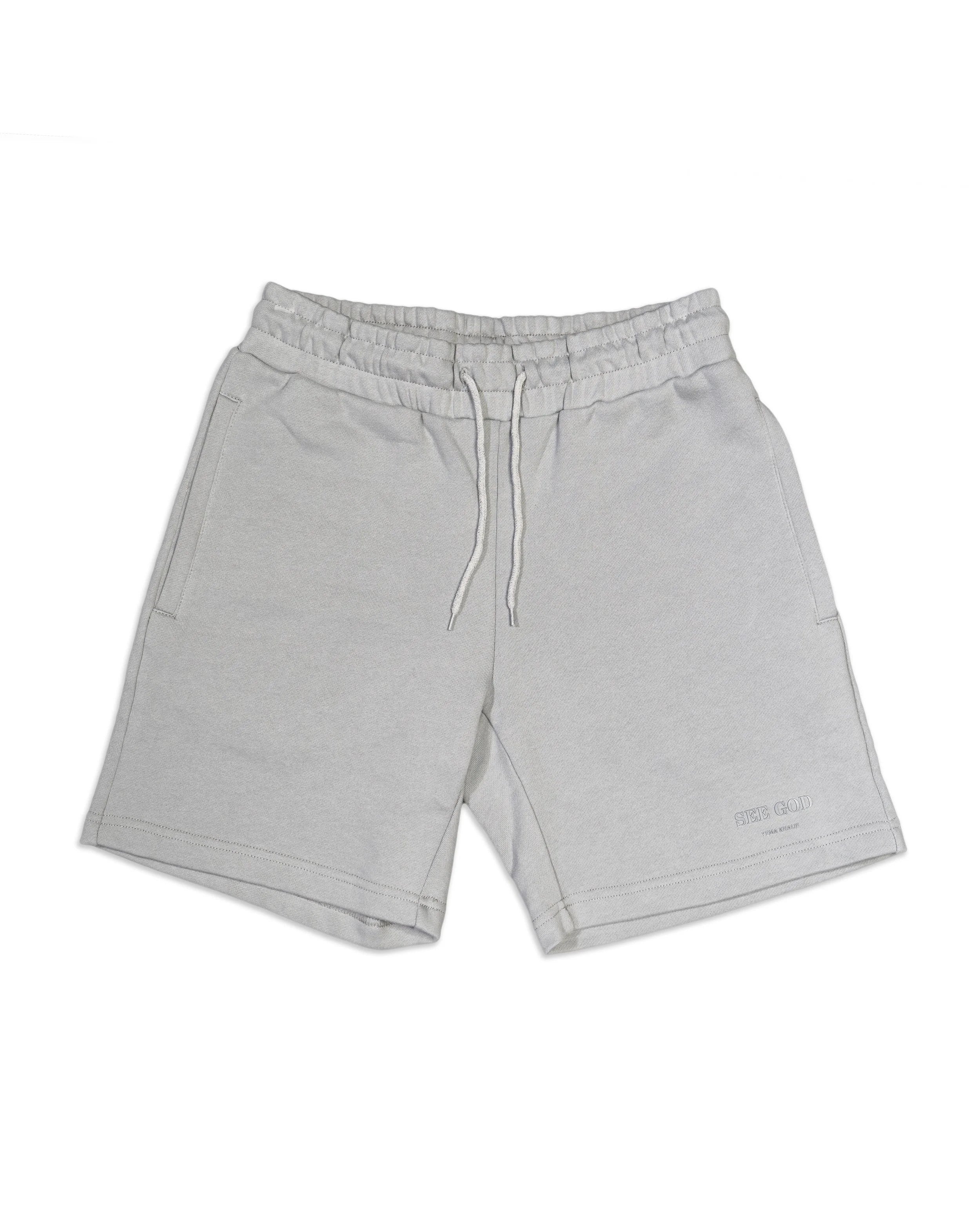 SEE GOD shorts in grey featuring signature logo and 100% cotton construction