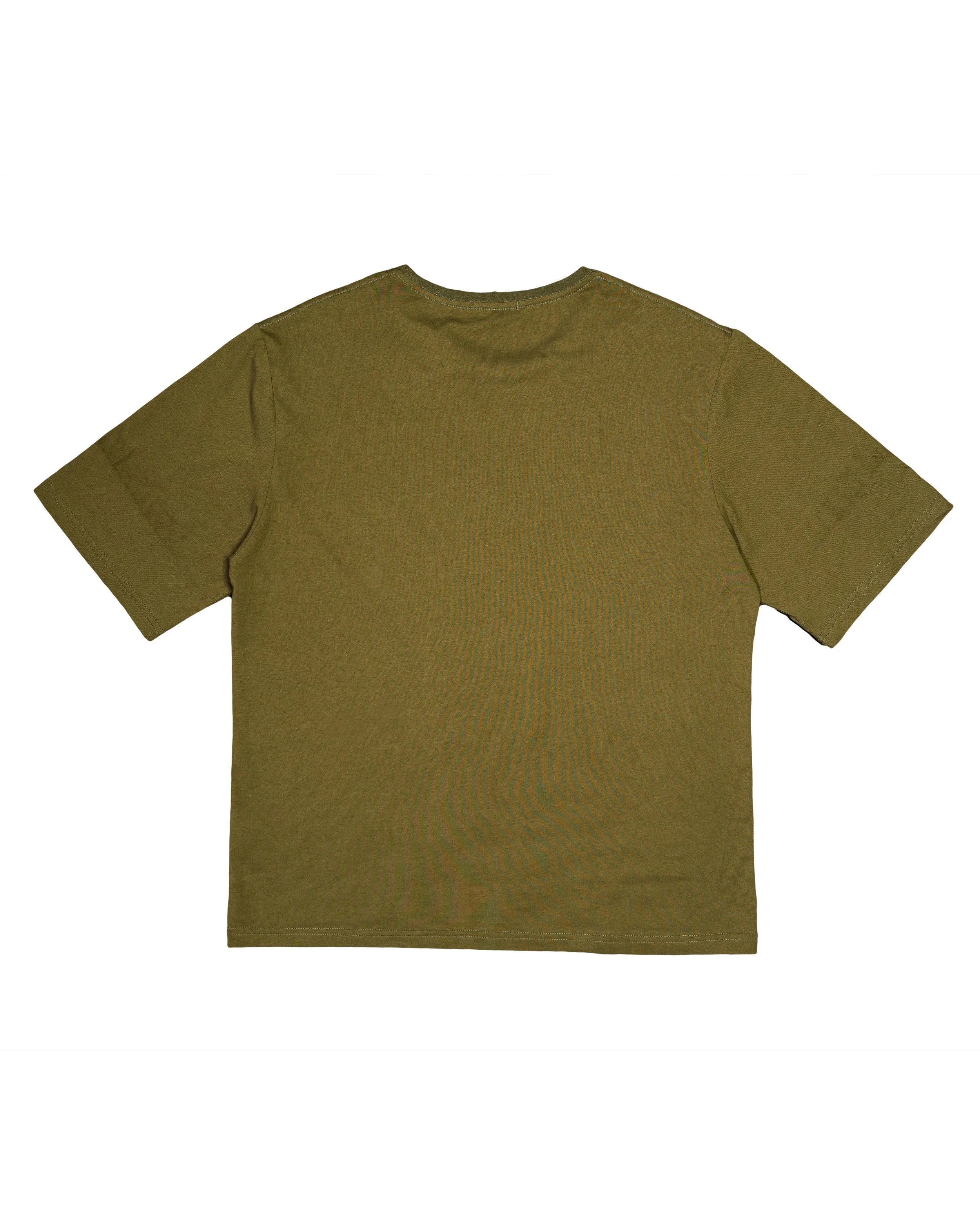 Back view of army green SEE GOD tee showing YEMA KHALIF comfortable design