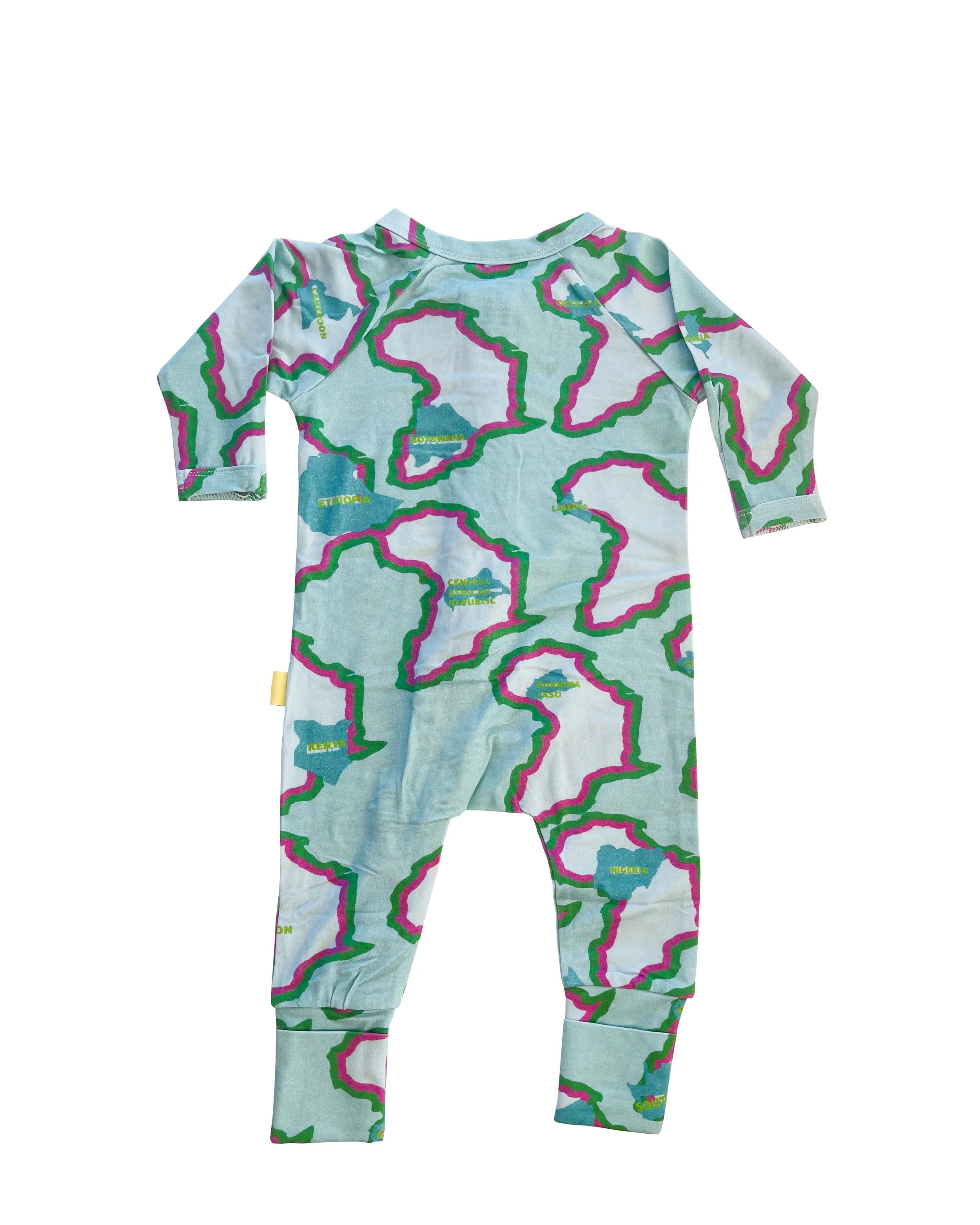 Soft bamboo baby jumpsuit showing heritage design and calming blue colorway