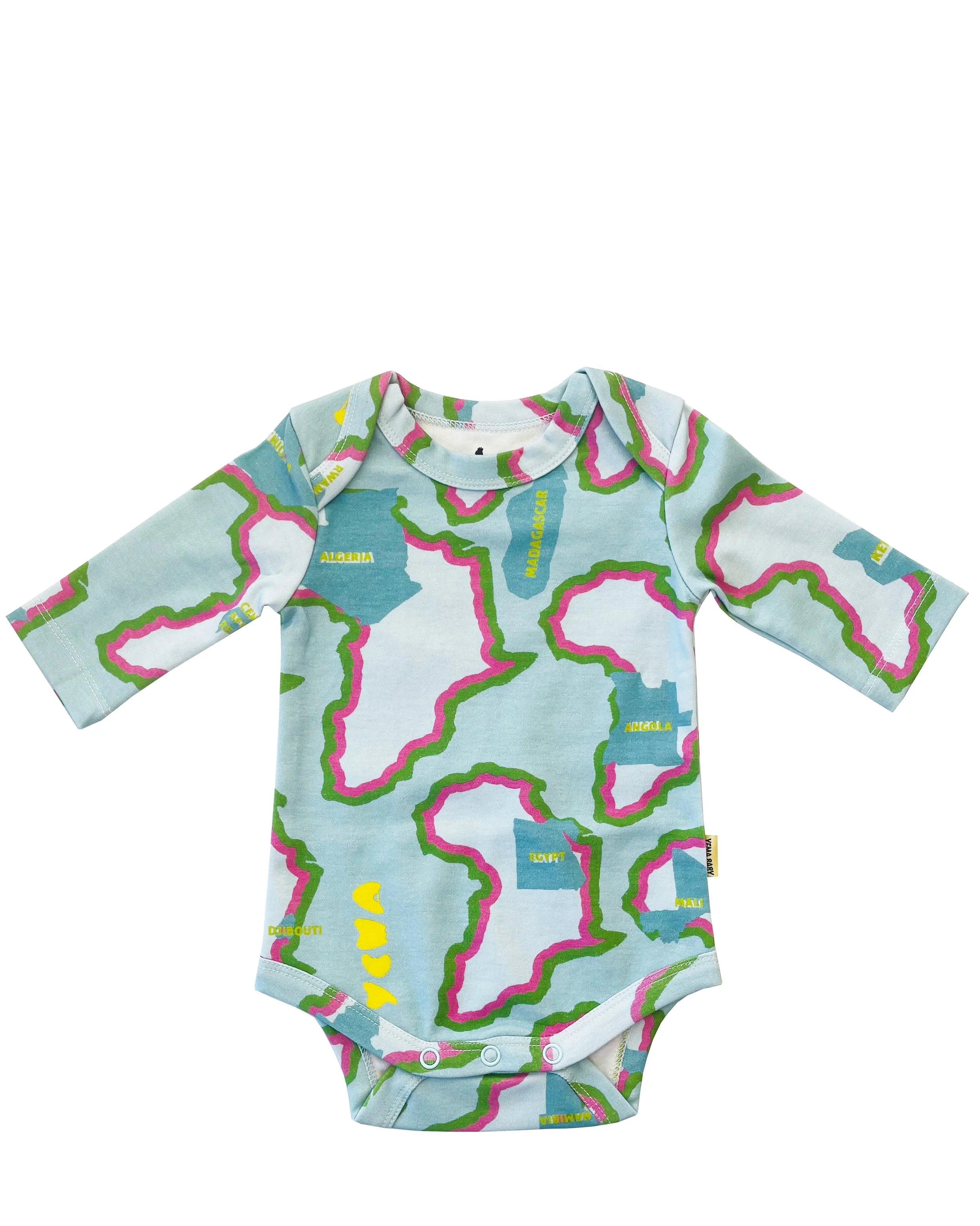 YEMA baby long sleeve onesie in turquoise with Yene Hagere Ethiopian pattern