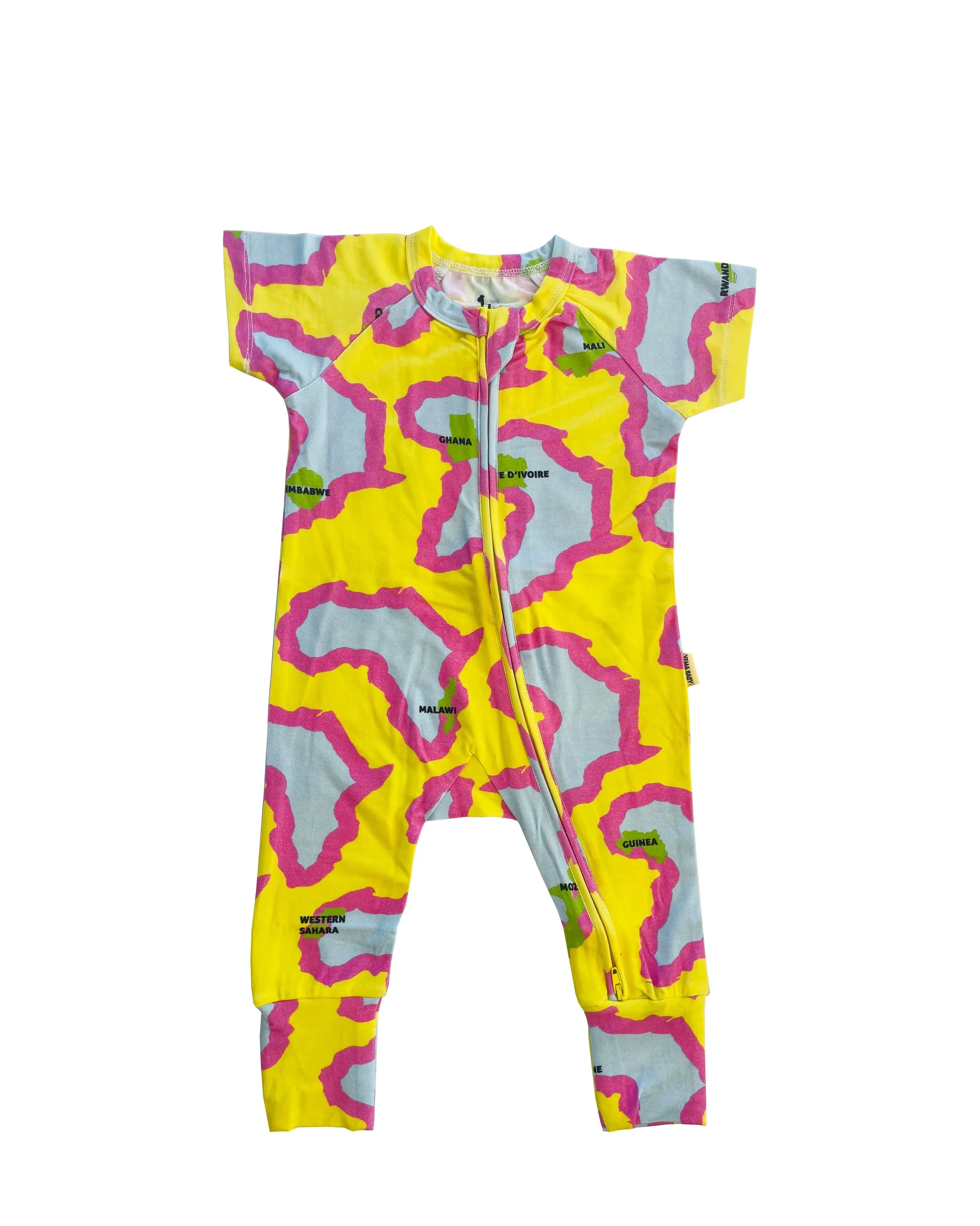 YEMA baby short sleeve jumpsuit in Addis Yellow with Yene Hagere Ethiopian pattern