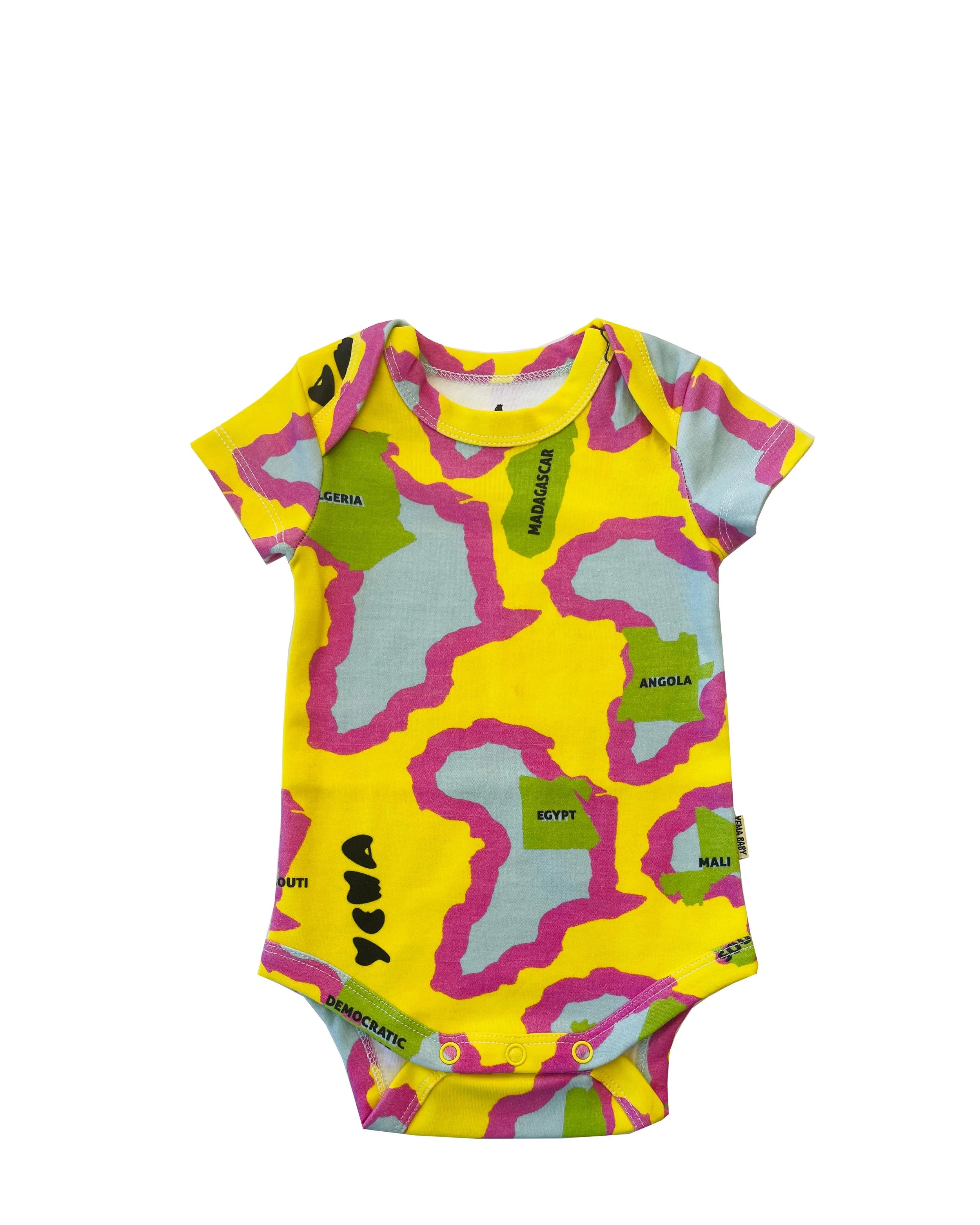 YEMA baby short sleeve onesie in Addis Yellow with Yene Hagere Ethiopian pattern