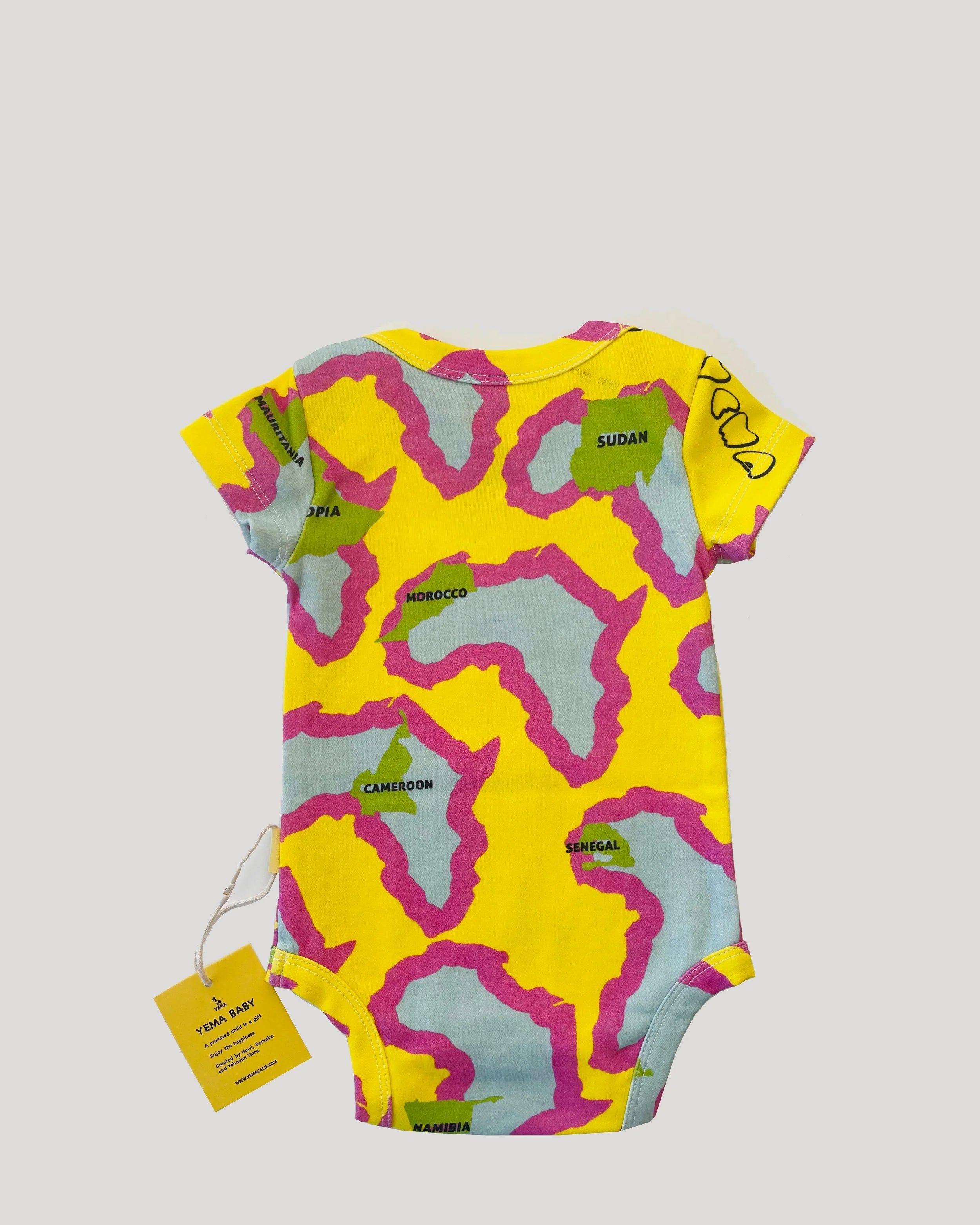 100% cotton baby bodysuit showing heritage design and bright yellow colorway