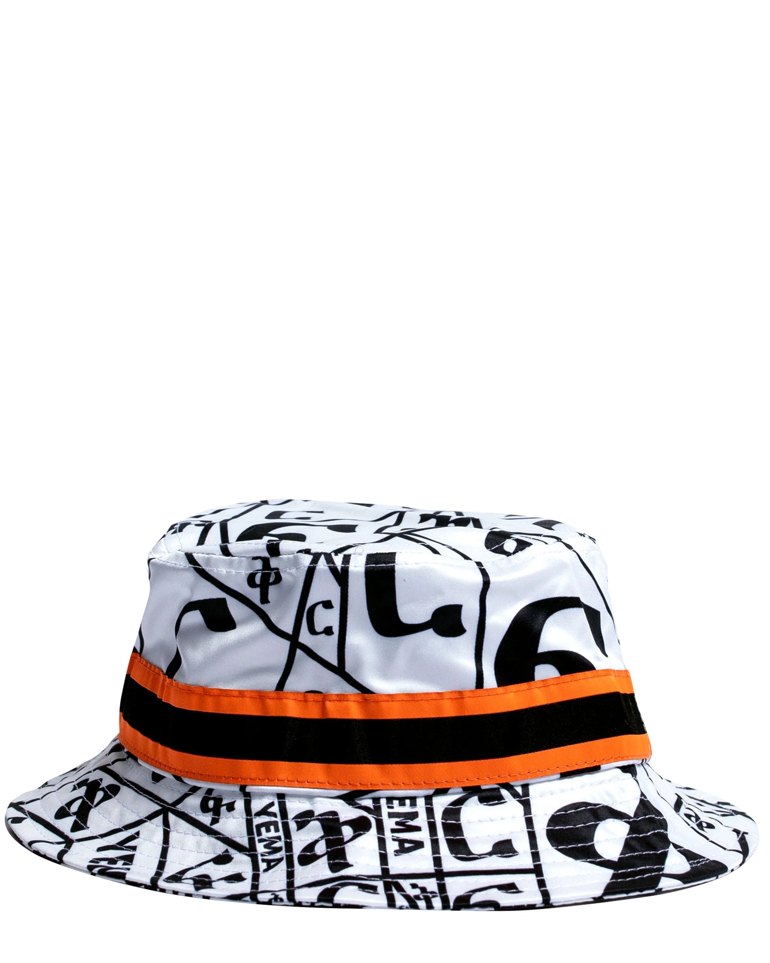 Premium bucket hat showing Ethiopian FIKIR pattern with signature orange and black stripes