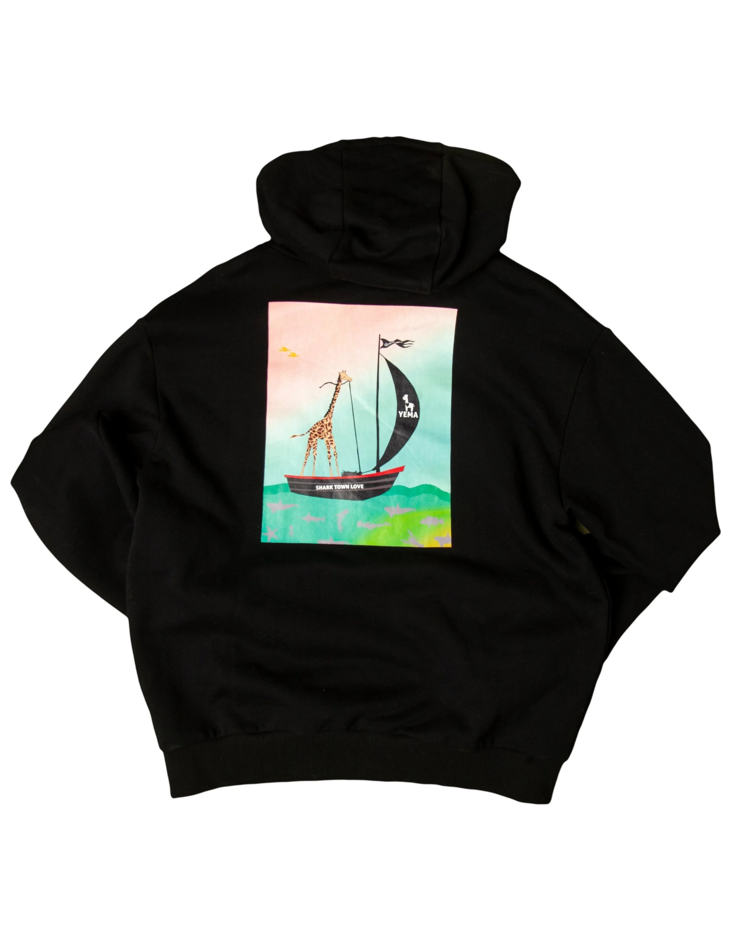 Back view of Captain Giraffe hoodie with soul-seeking voyage design in timeless black