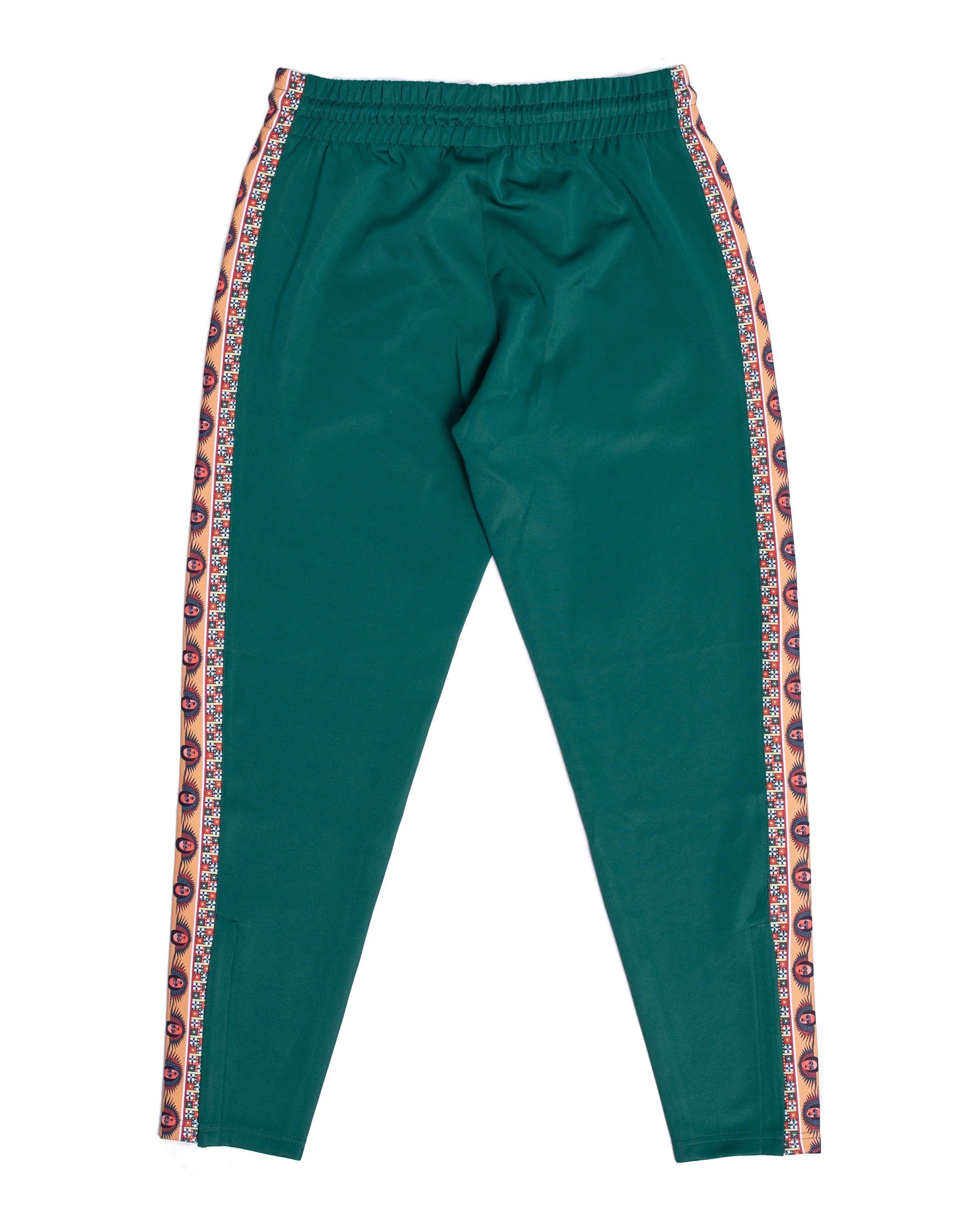 YEMA Addis Green track pants with Ethiopian heritage angels motif and relaxed sporty fit