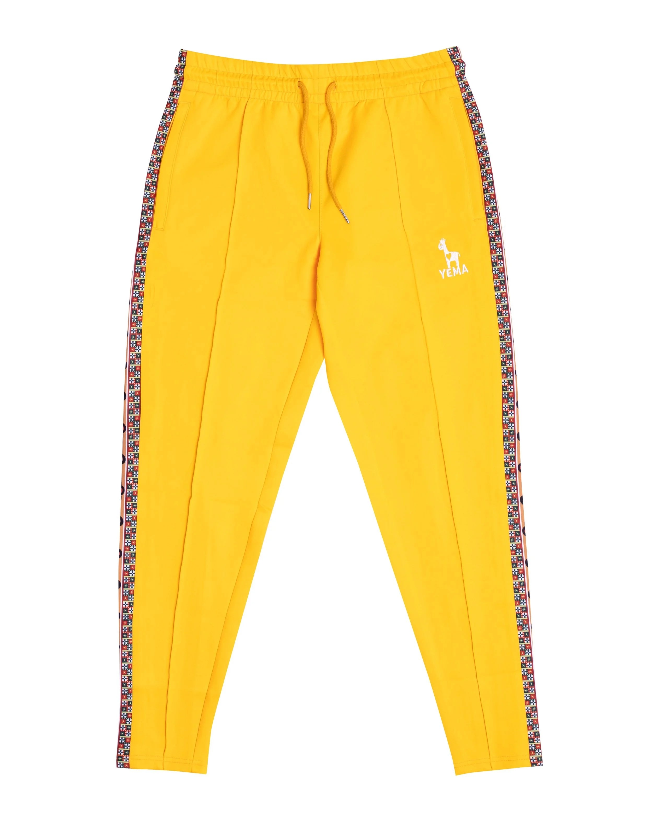 YEMA Classic track pants in Addis Yellow featuring 17th century Abyssinian angels motif