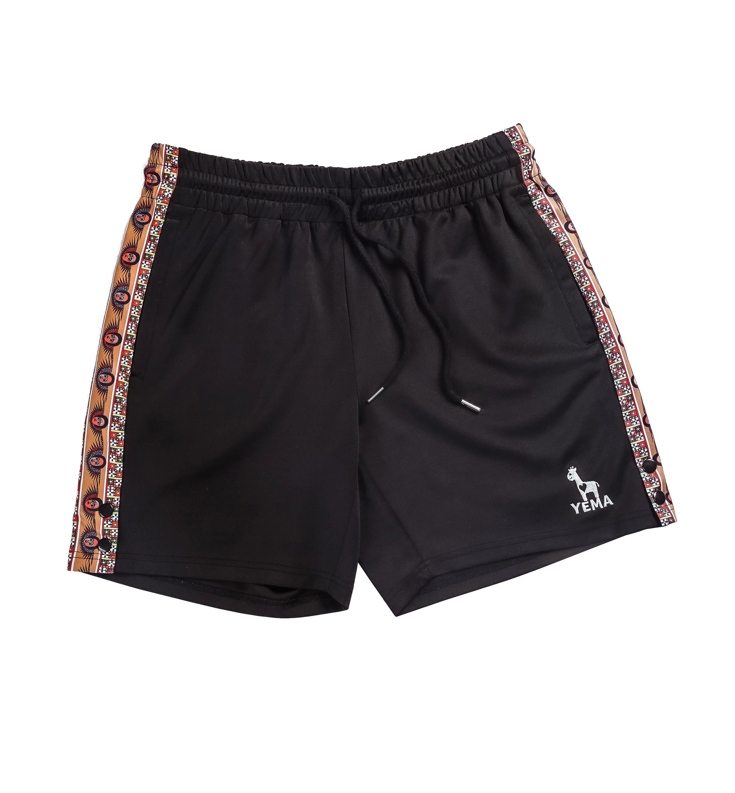 YEMA track shorts with Ethiopian heritage angels motif and sporty performance fit