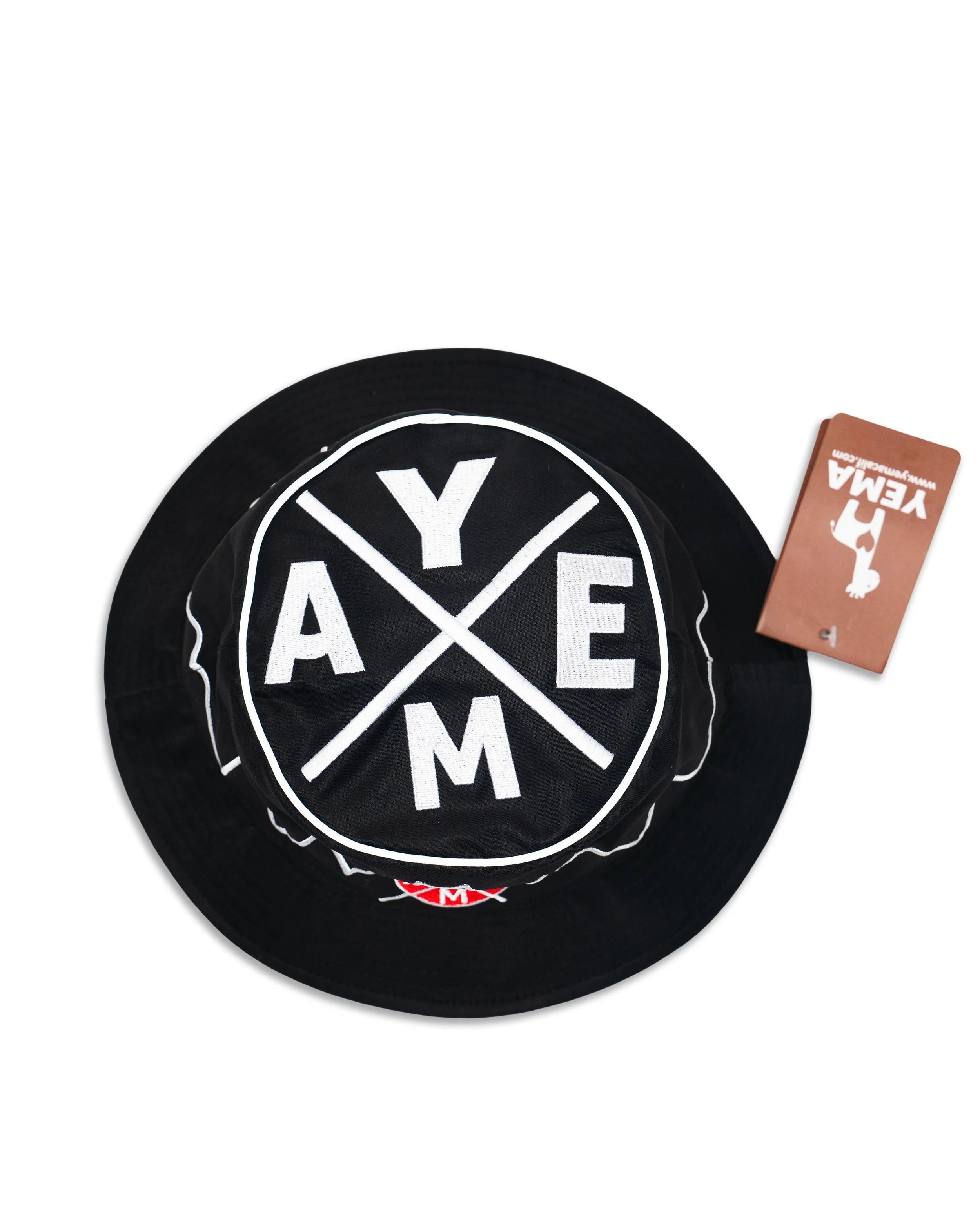 Top view of DASSIT bucket hat showing reflective detail and embroidered design