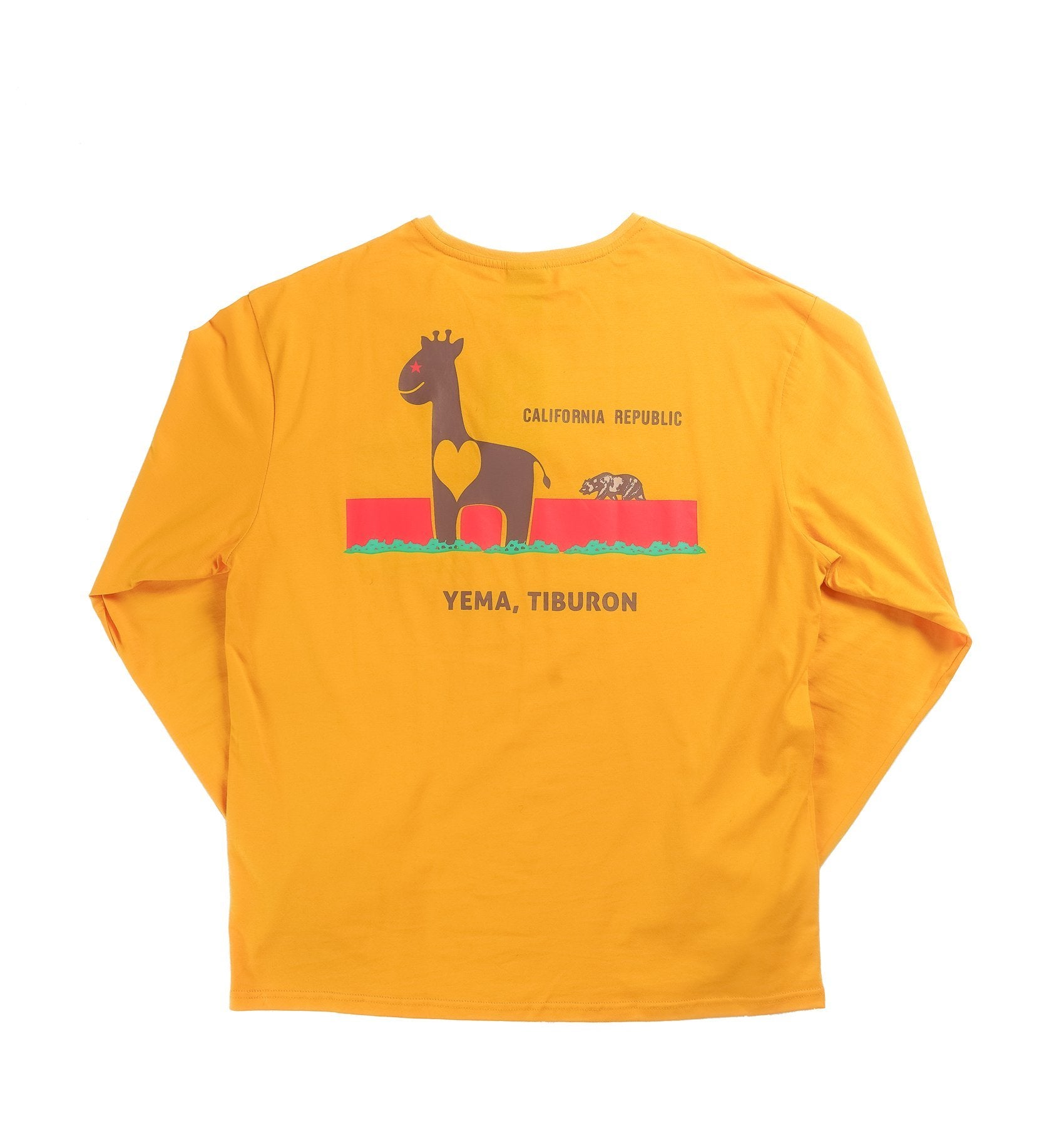 YEMA Giraffe Republic pocket long sleeve tee in Addis Gold featuring vintage giraffe on California flag design