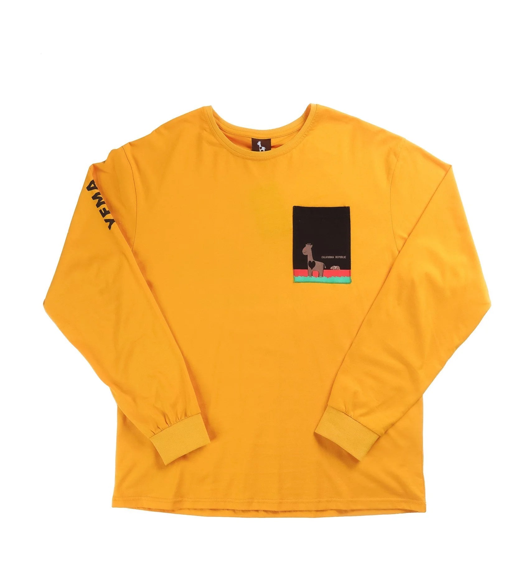 Front view of Addis Gold long sleeve pocket tee showing Giraffe Republic graphic with California heritage
