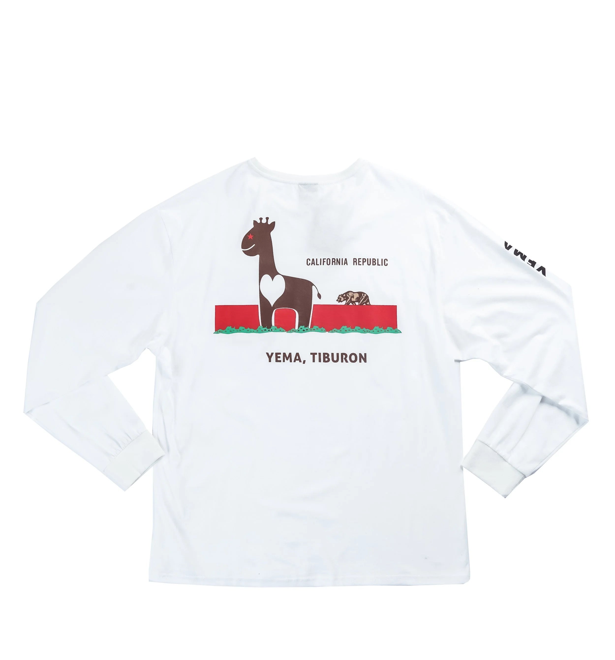 YEMA Giraffe Republic pocket long sleeve tee in white featuring vintage giraffe on California flag design
