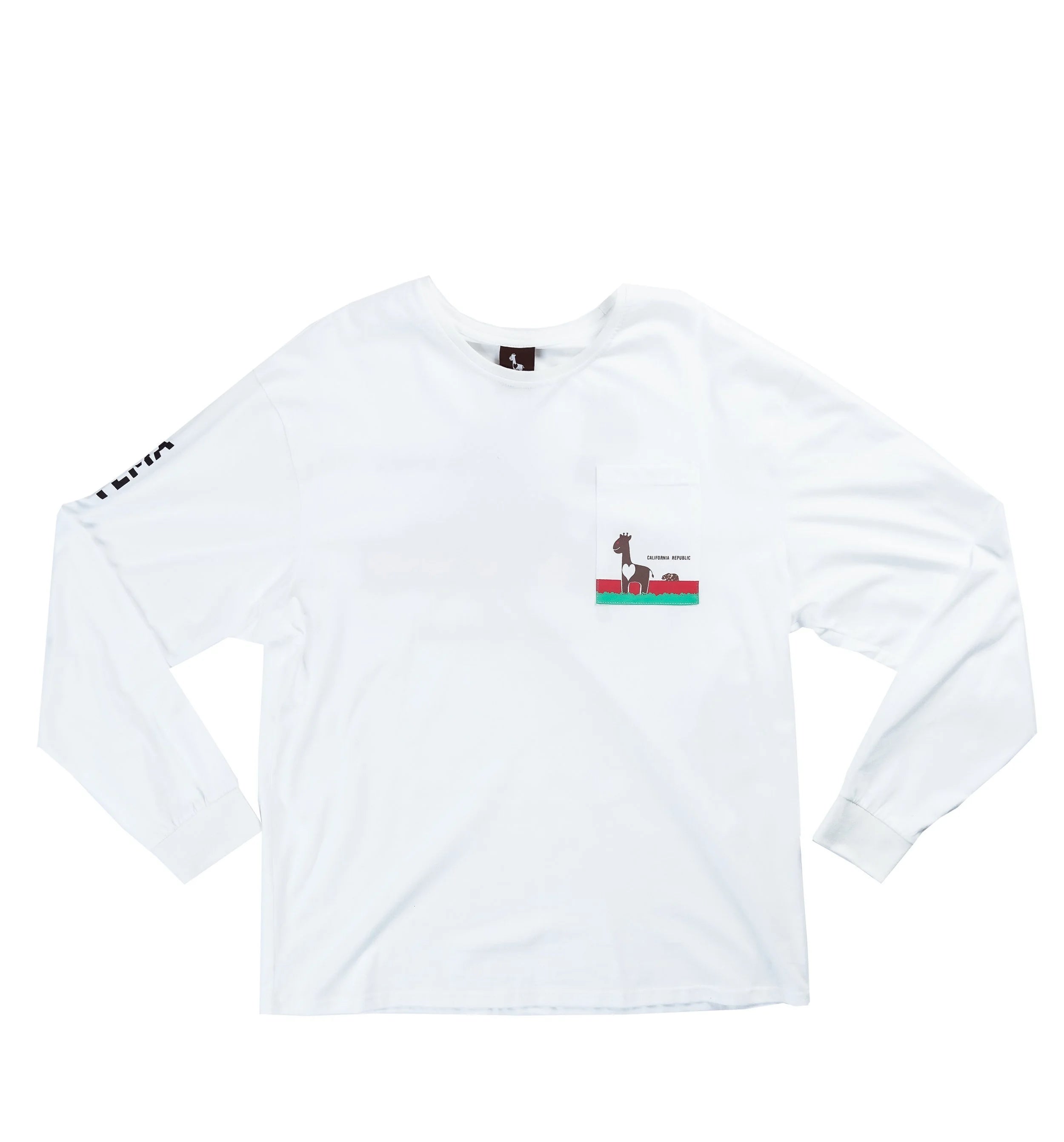 Classic white long sleeve tee with Giraffe Republic pocket and 100% cotton construction