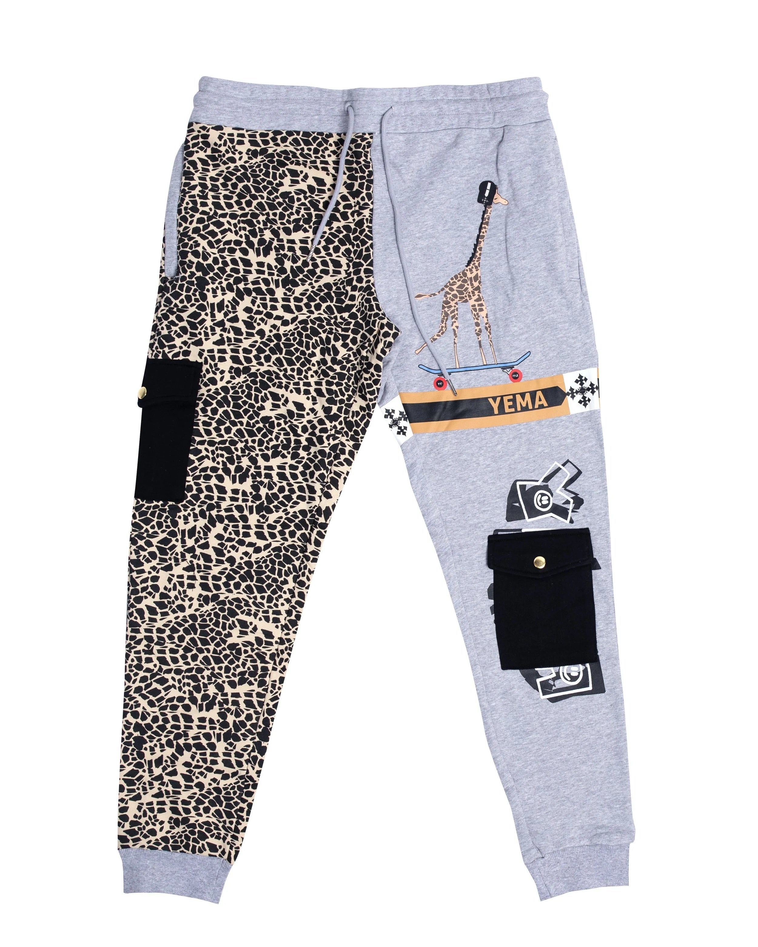 YEMA Giraffe Skating sweat pants featuring iconic skating giraffe logo on front with gold-tone hardware