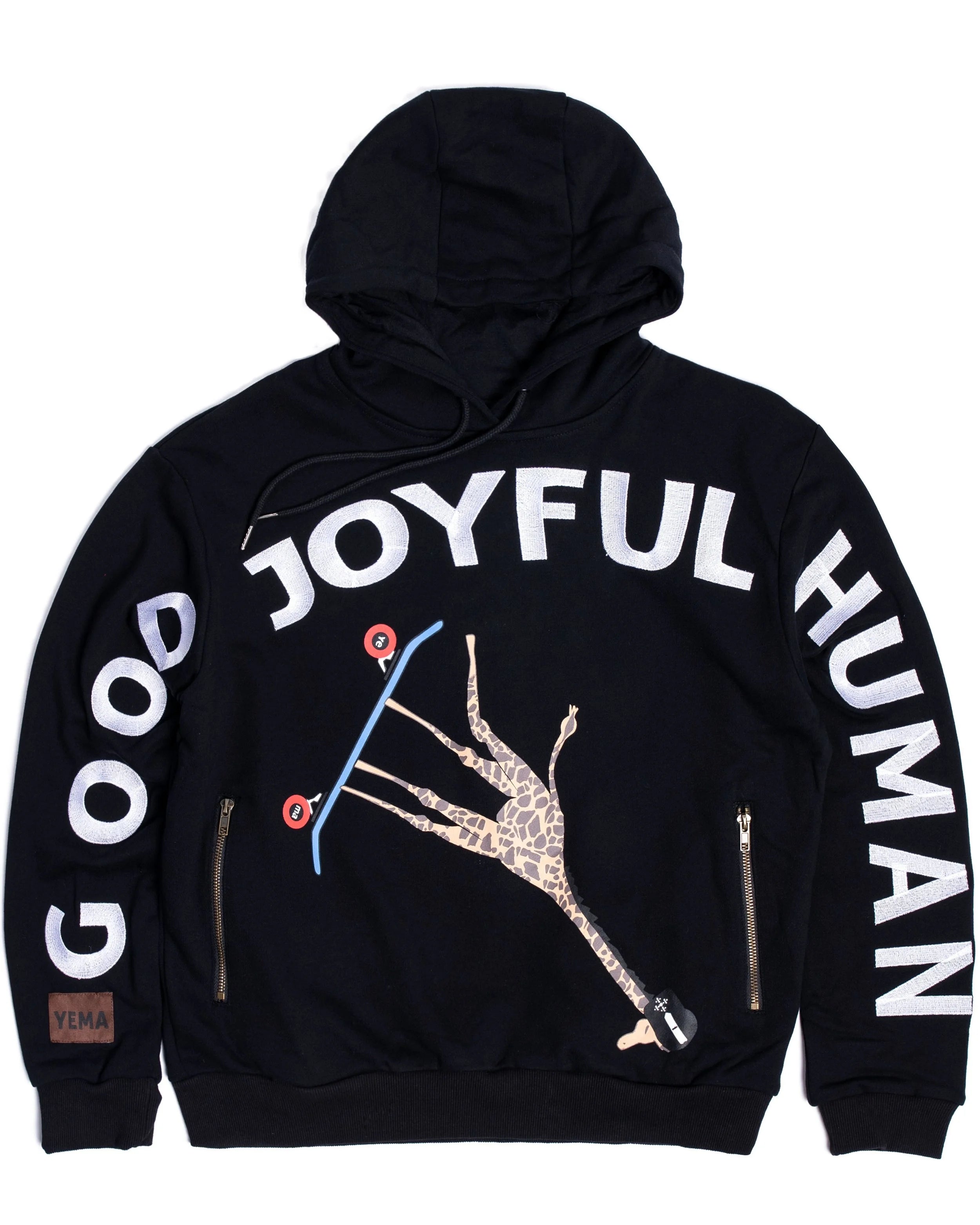 Front view of Addis Black hoodie showing full frontal GJH embroidery and vintage zipper pockets