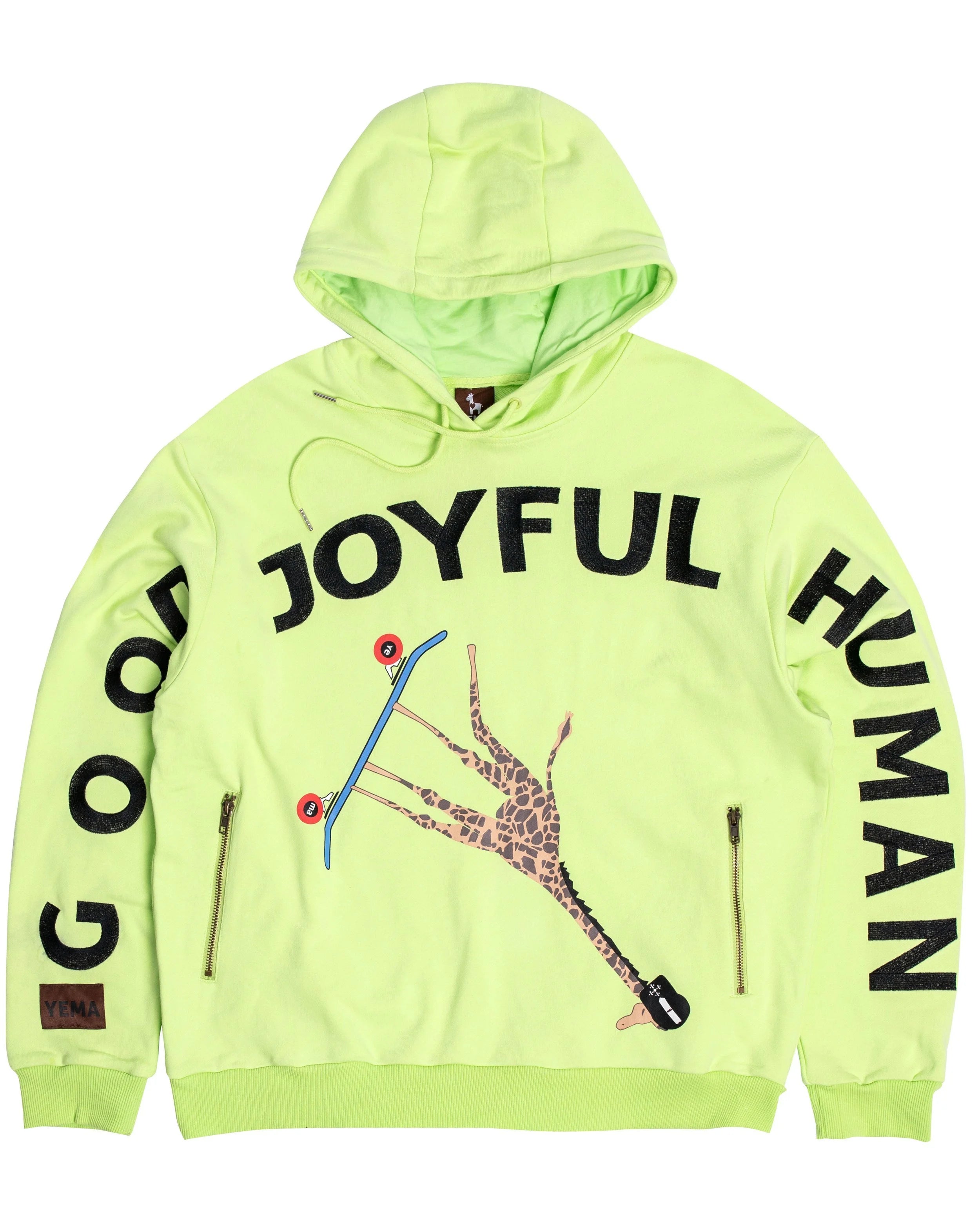 Front view of Kibera Green hoodie showing full frontal GJH embroidery and vintage zipper pockets