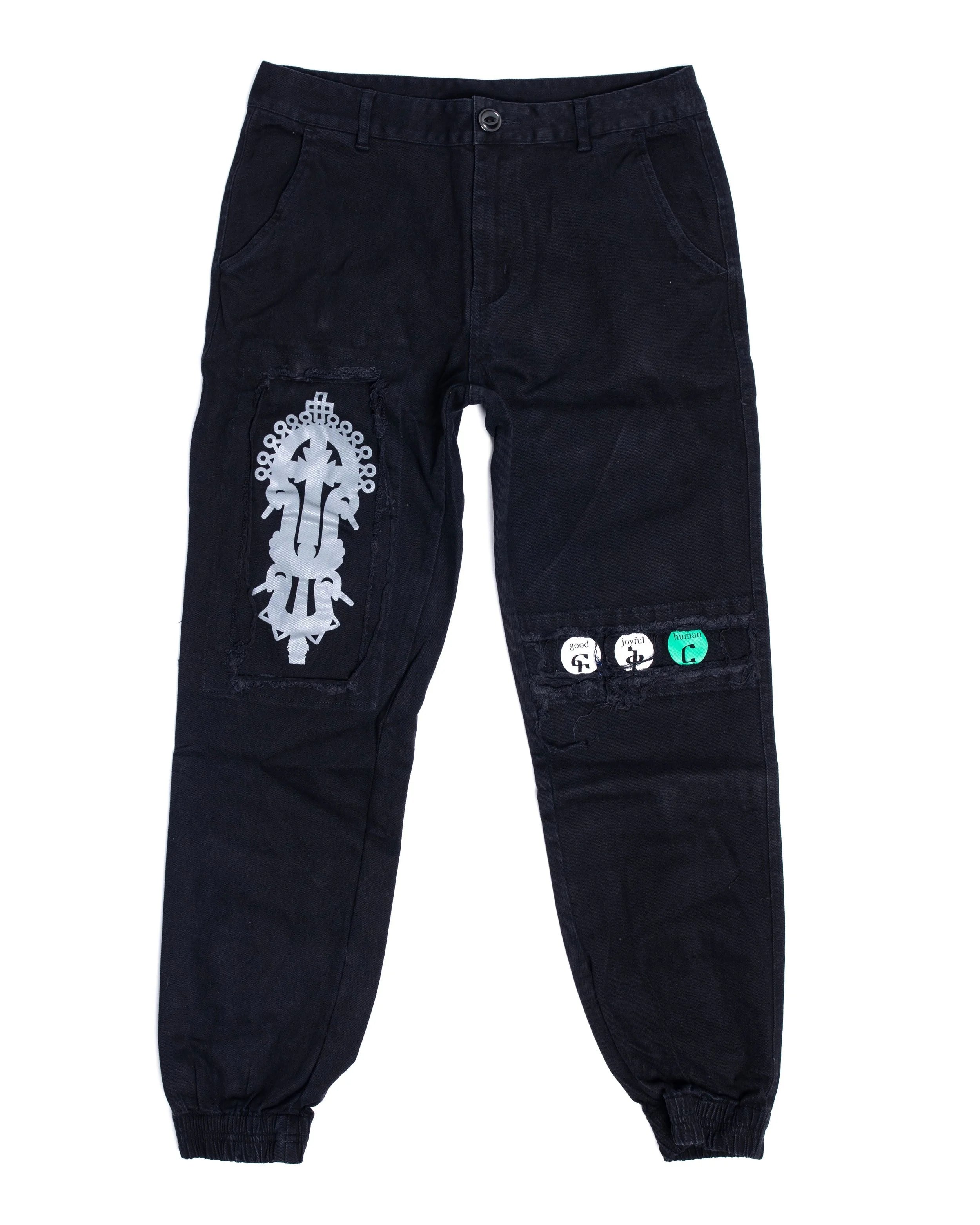 YEMA GJH joggers in Addis Black with distressed finish and Ethiopian heritage motifs