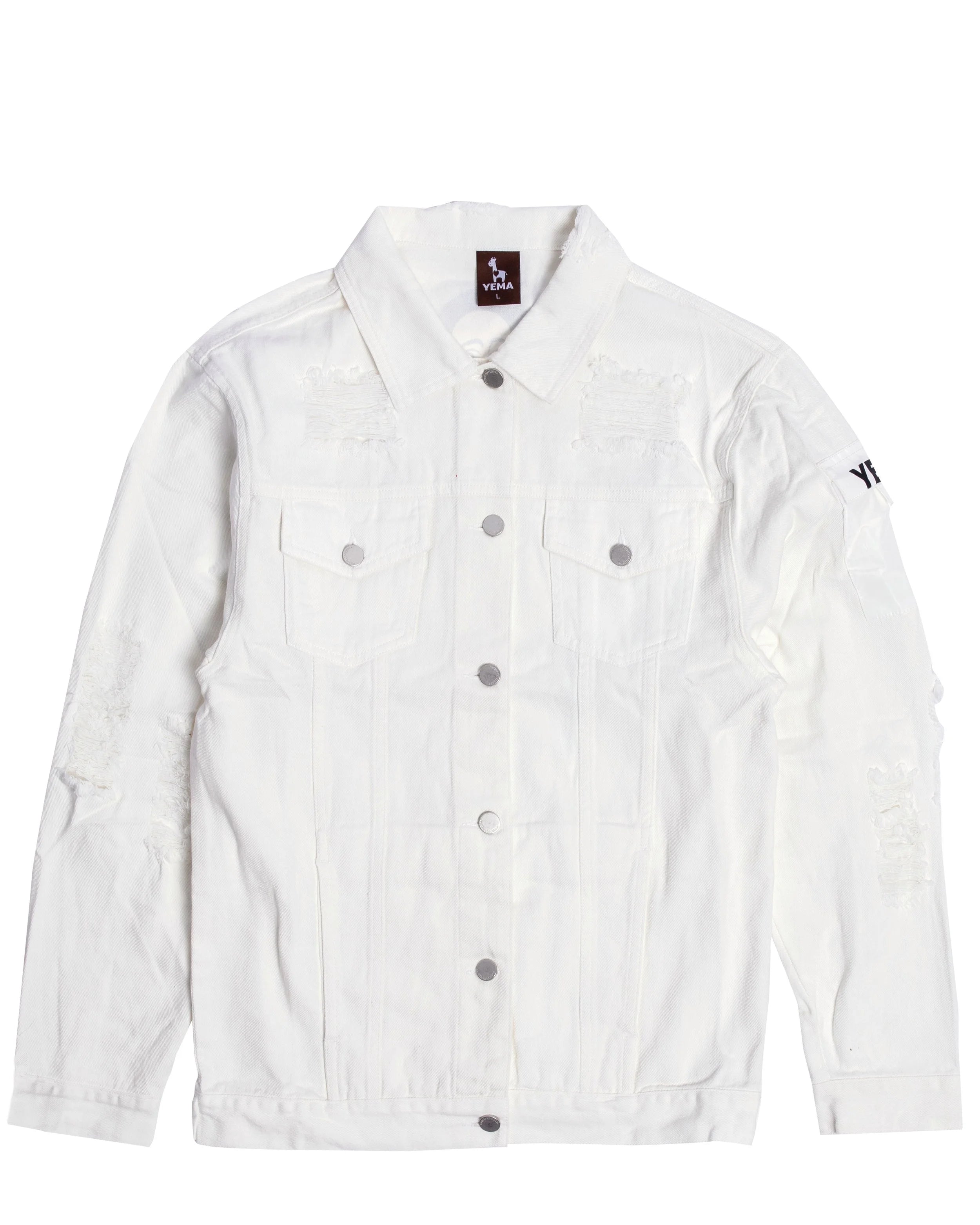 YEMA HAWI denim jacket with Ethiopian Melak angel motif and Meskel cross pattern