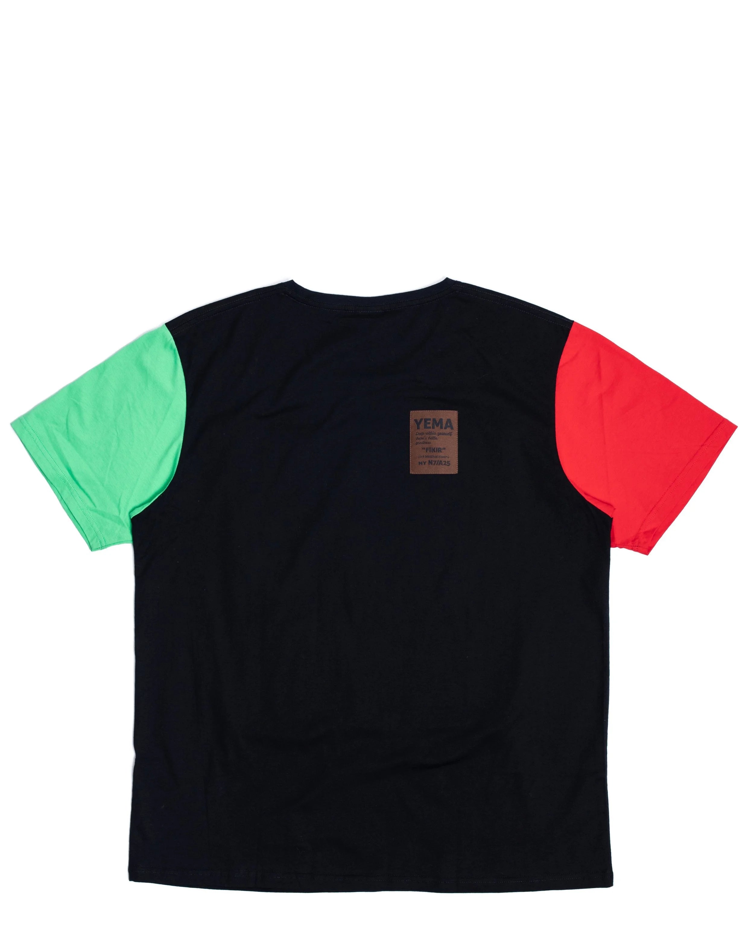 Back view of tee showing YEMA badge on Addis Black with color block design