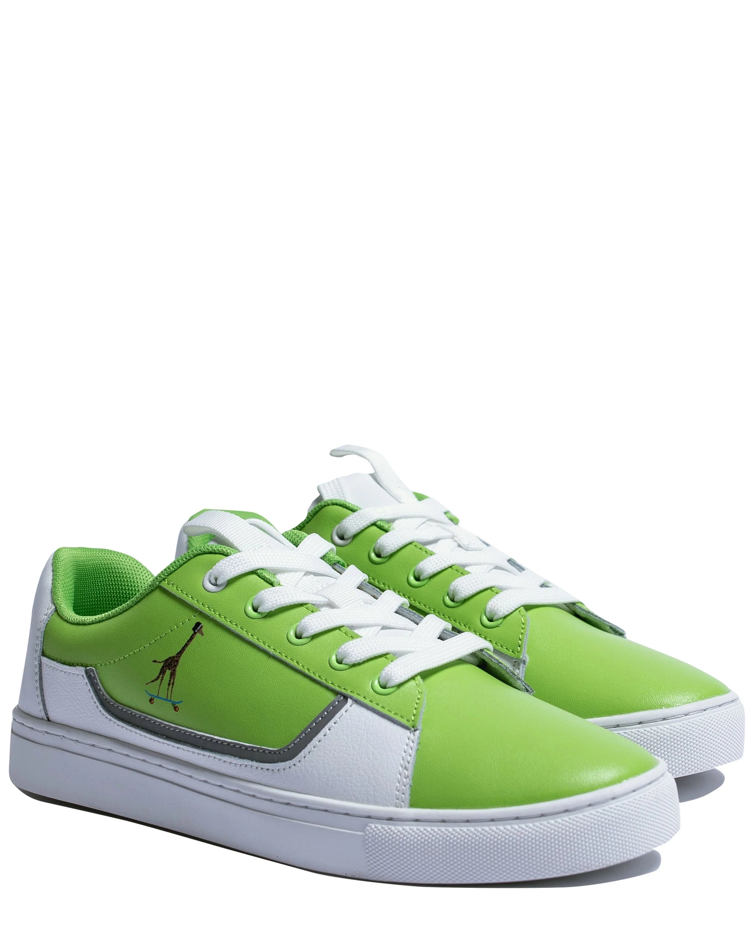 Side view of Kibera Green leather sneakers showing tumbled leather skating ring and reflective giraffe detail
