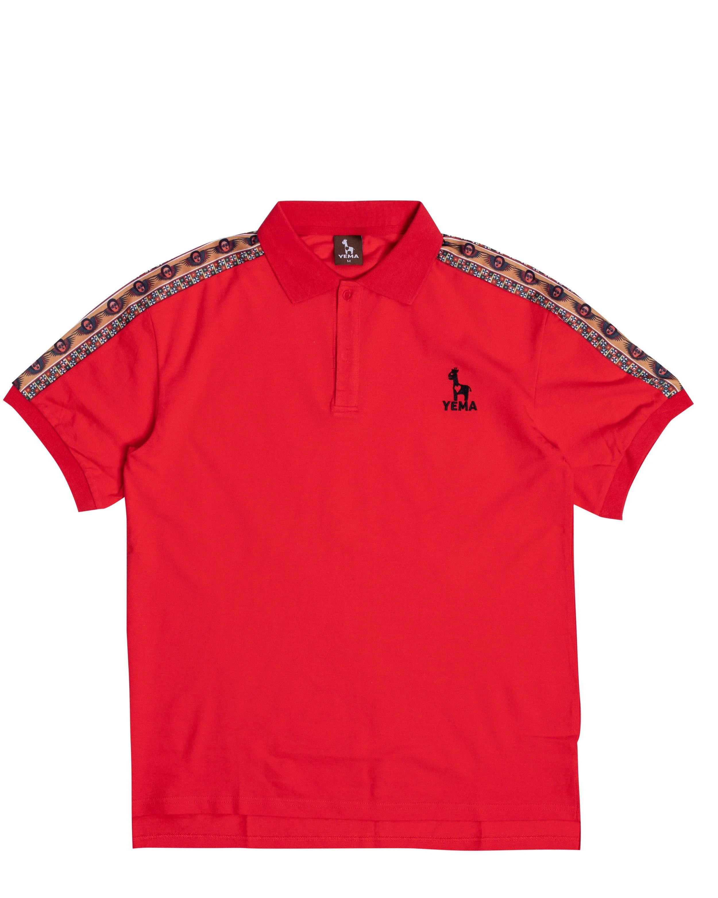 YEMA Khalif polo shirt in Lali Red featuring Abyssinian angels side piece and YEMA logo embroidery