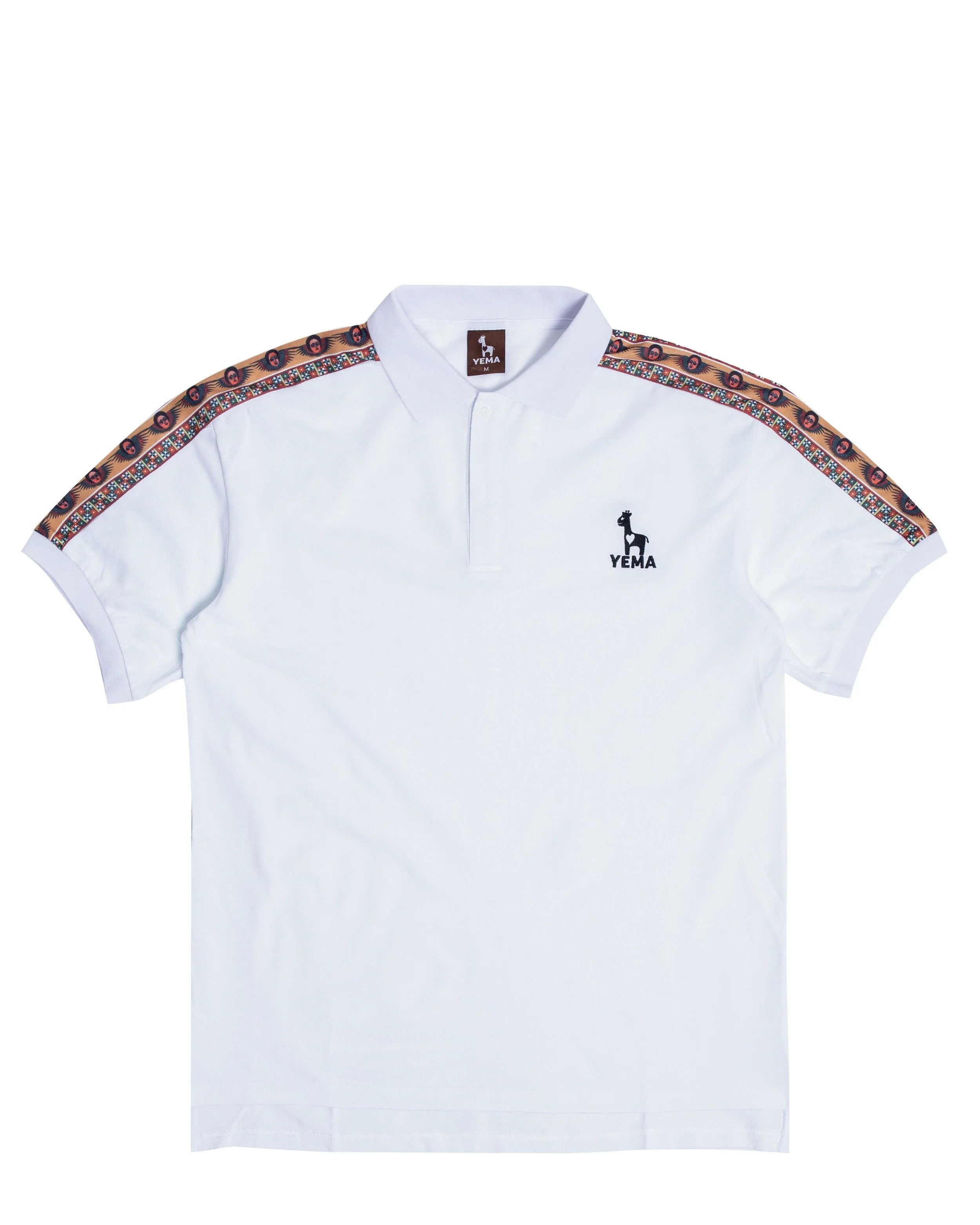 YEMA white polo with Ethiopian heritage angels motif and textured cotton mesh fabric