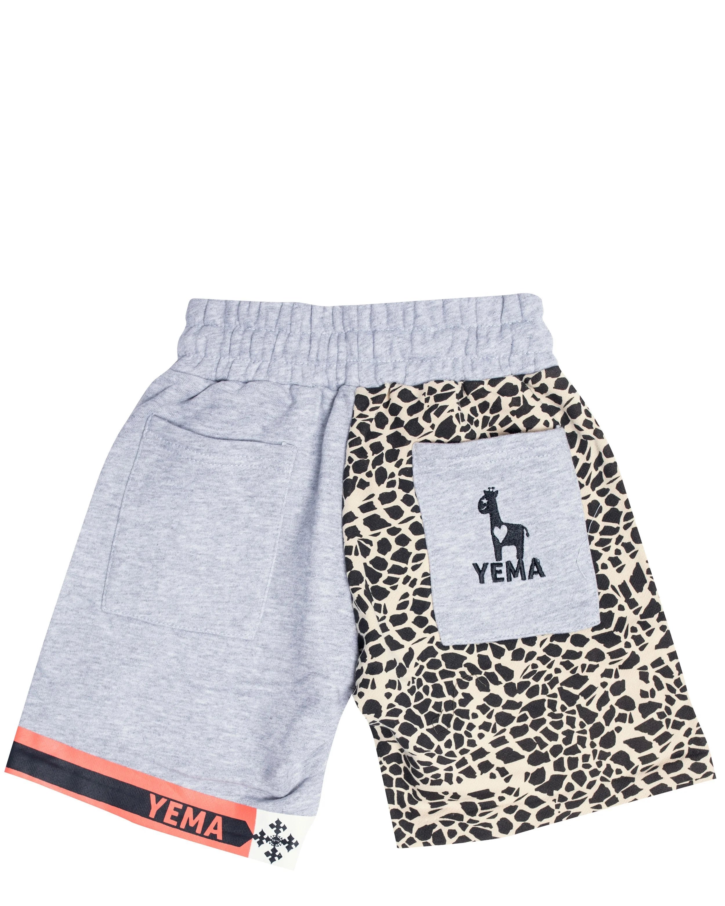 Kids' heritage shorts with YEMA skating giraffe and 100% cotton terry for active play