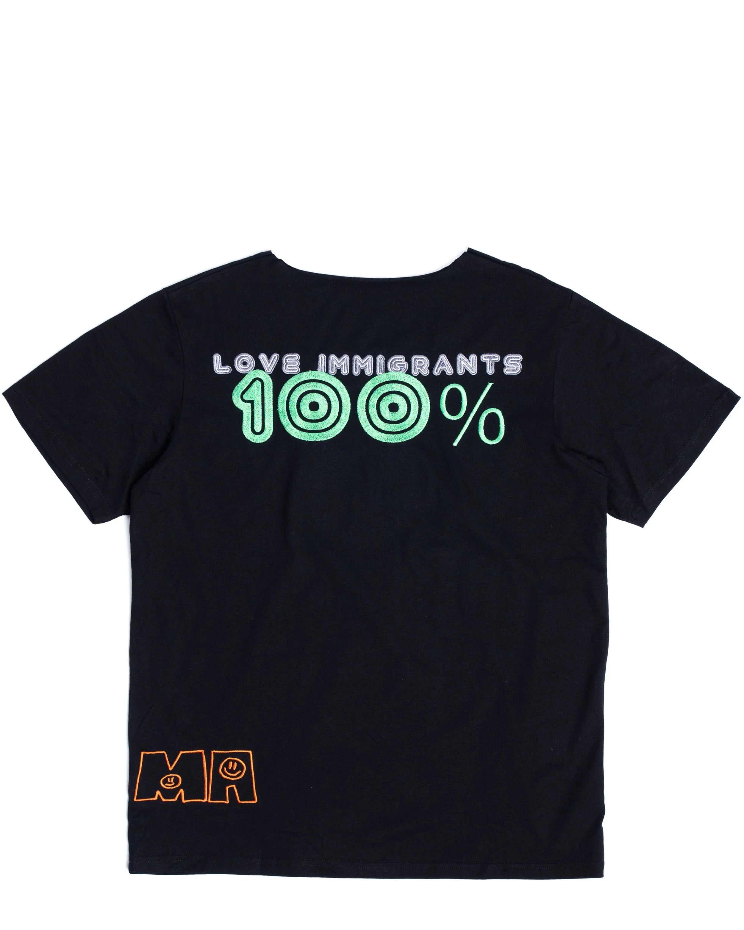 Back view of Love Immigrants tee displaying embroidered message and raw collar detail