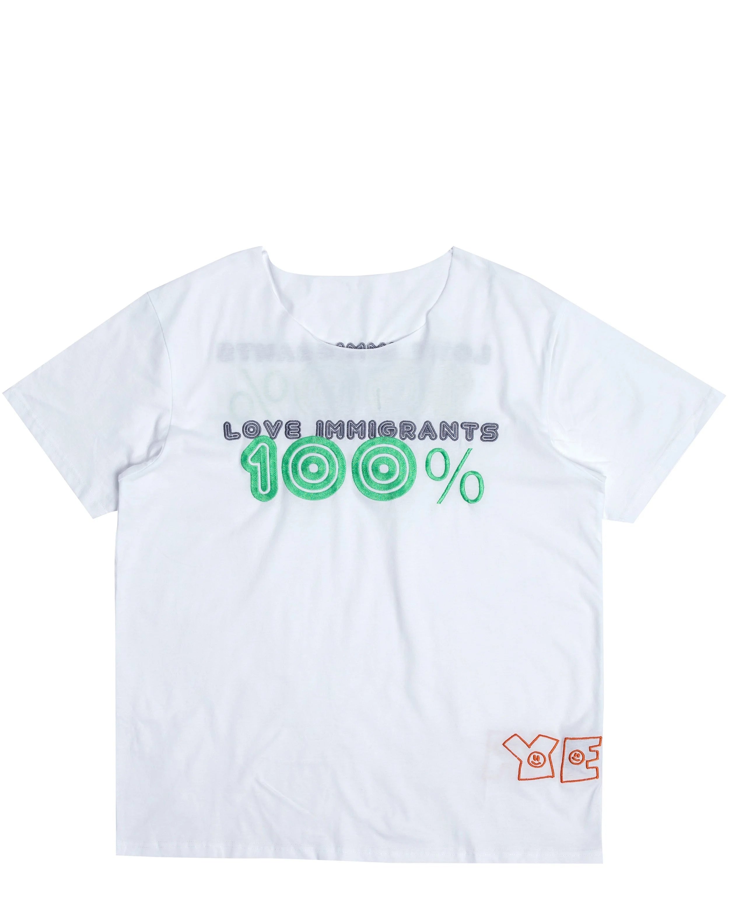Front view of statement tee celebrating immigrants with bold embroidered messaging