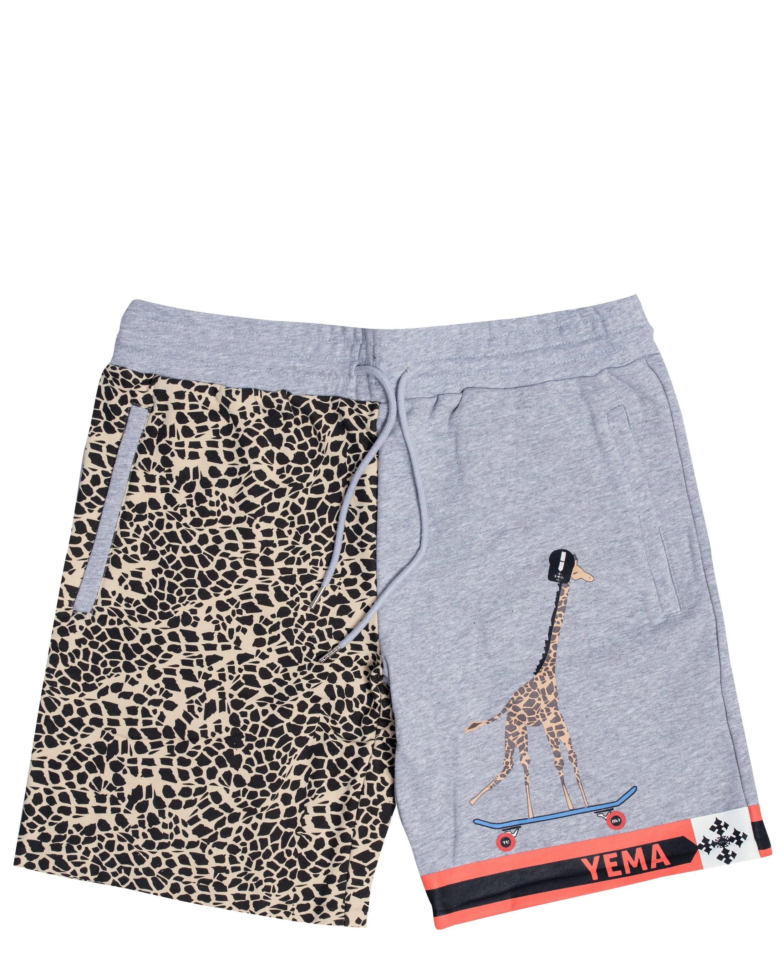 YEMA Meskel Giraffe skating shorts in clay with iconic giraffe on skateboard graphic