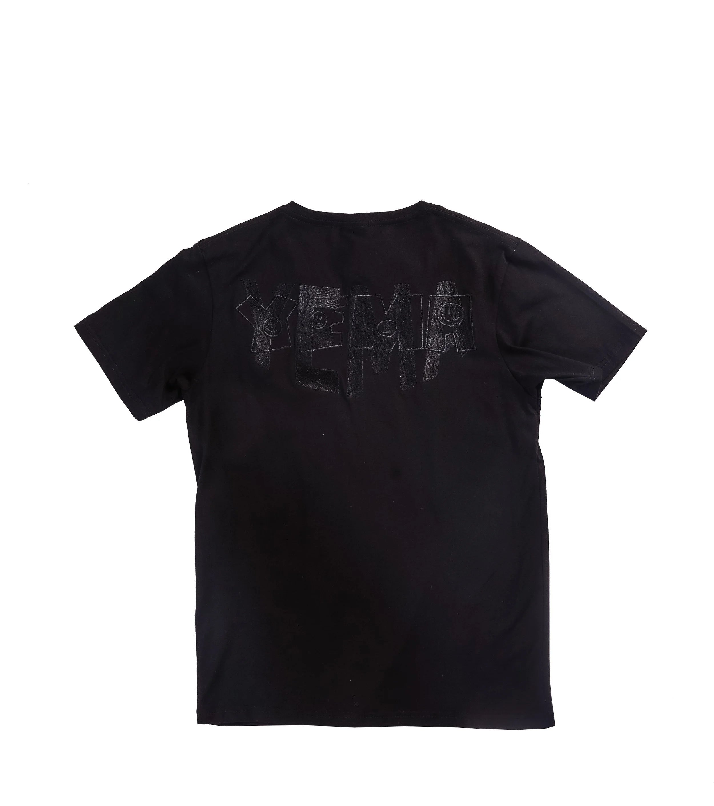 Back view of Addis Black cotton tee showing double YEMA embroidery detail