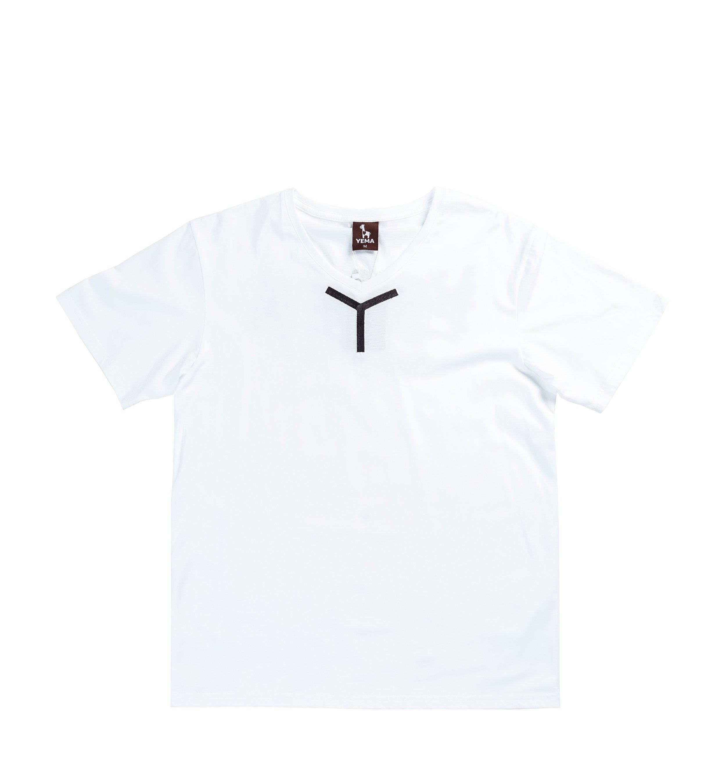 Front detail of YEMA V-neck t-shirt displaying Y embroidery and clean white construction